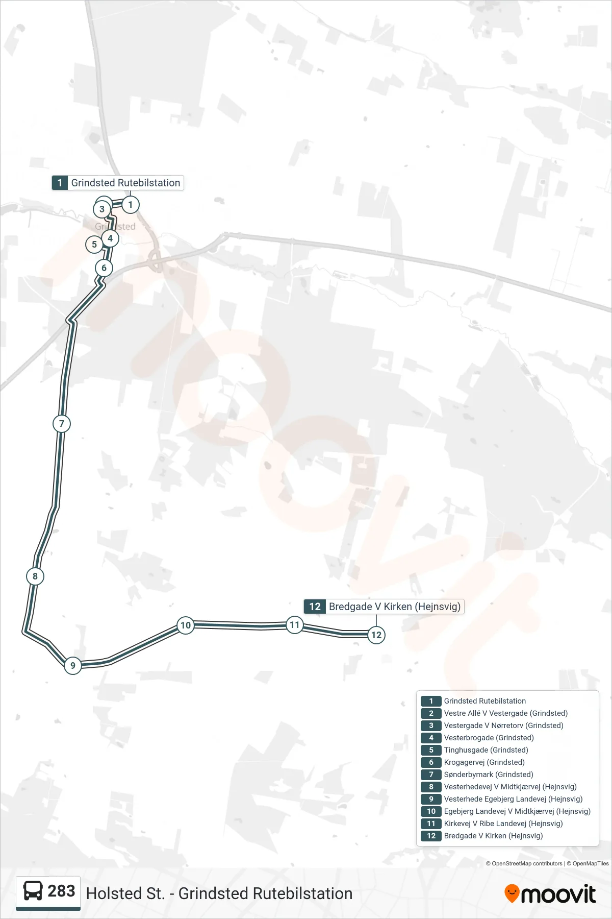 283 bus Linje (Hejnsvig) rute og stop på et kort