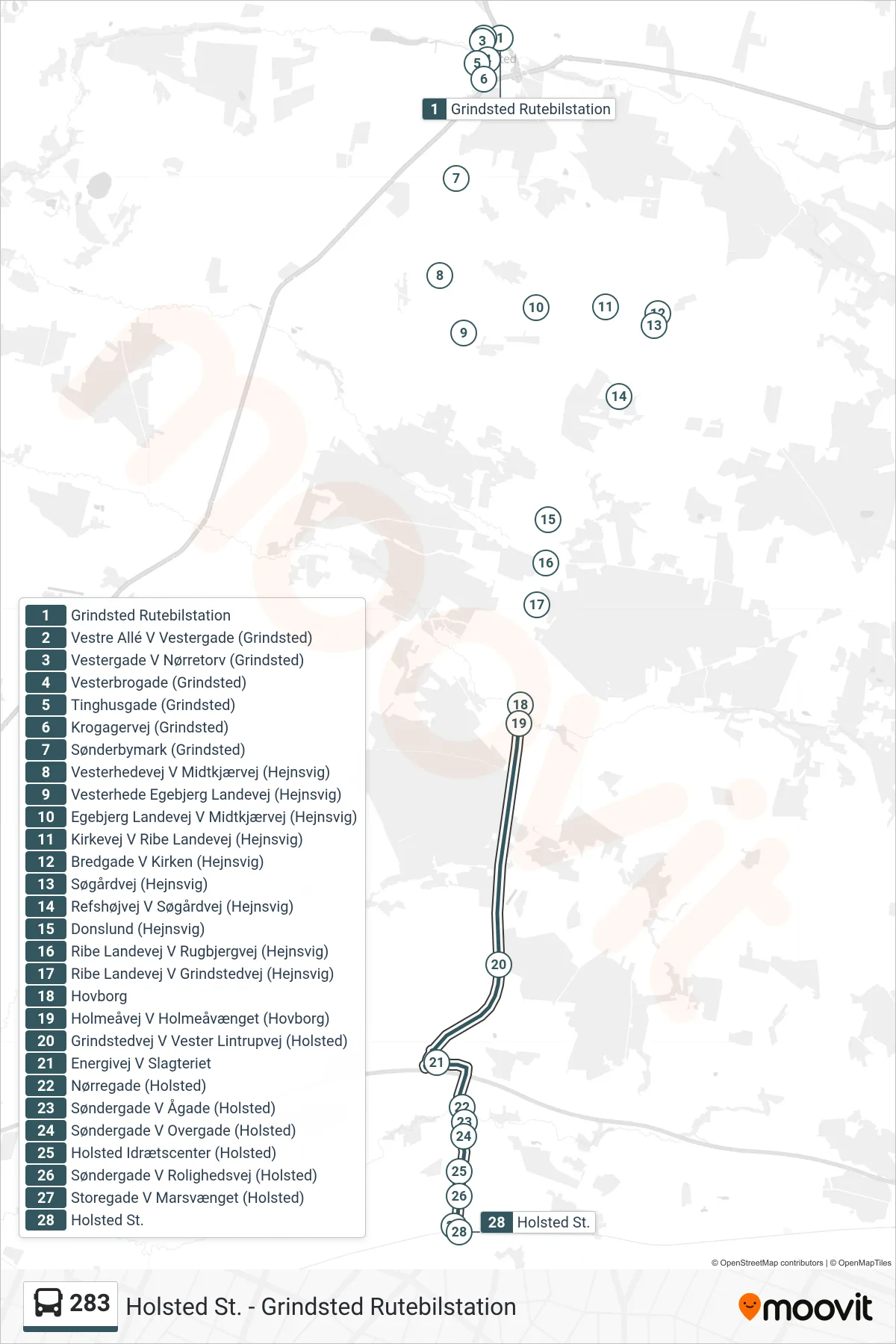 283 bus Linje (Holsted) rute og stop på et kort