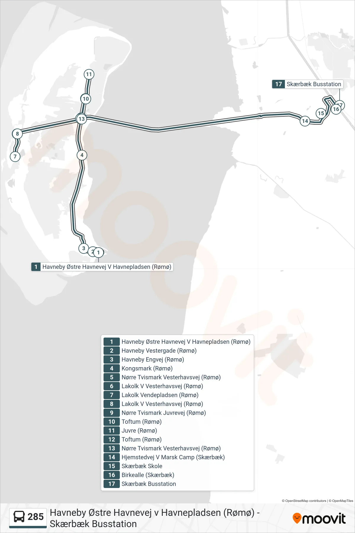 285 bus Line (Skærbæk Busstation) route and stops on a map