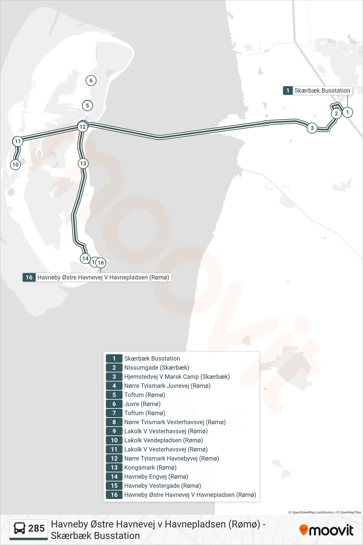 285 bus Linje (Havneby) rute og stop på et kort