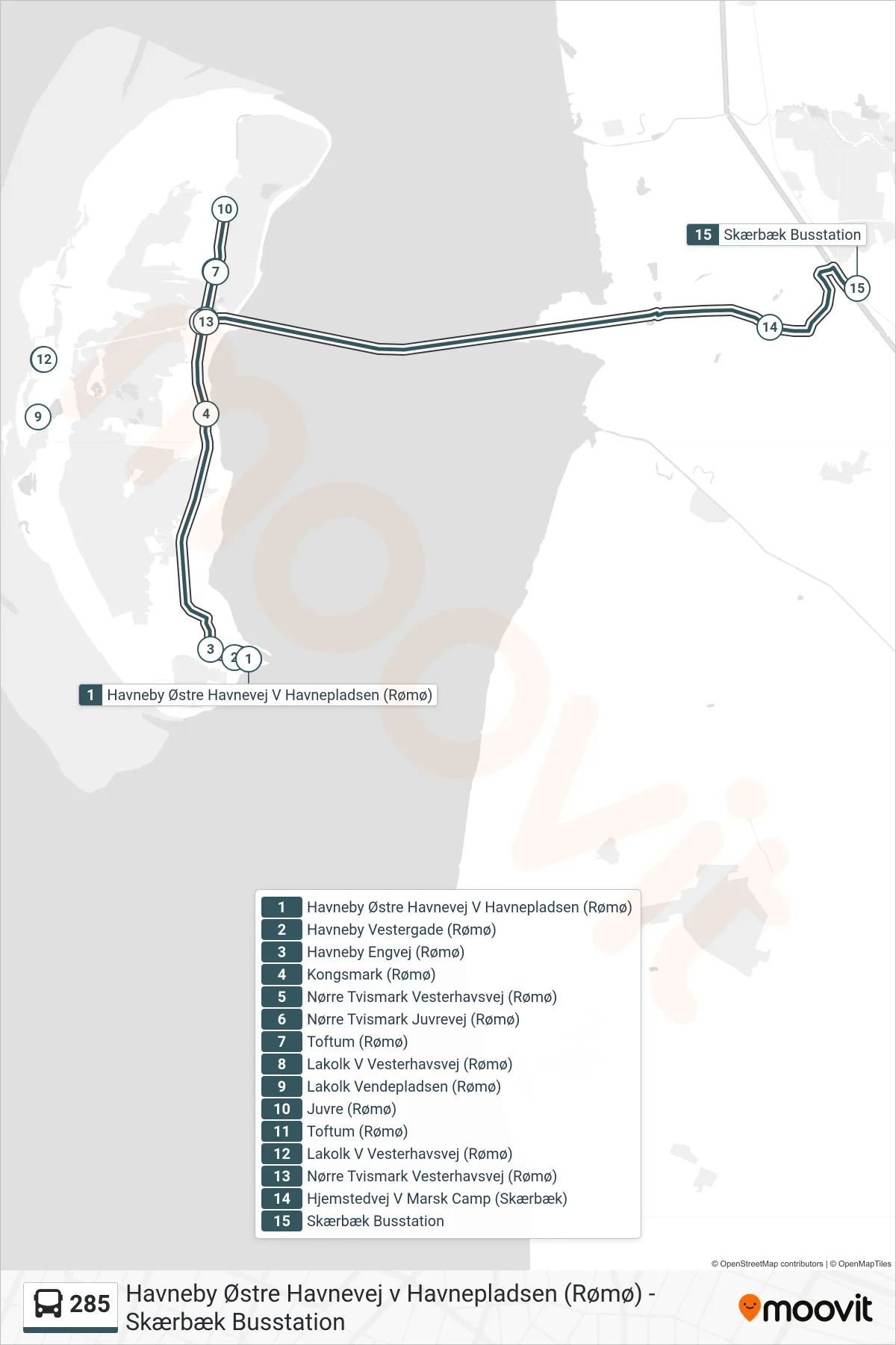 285 bus Linje (Skærbæk) rute og stop på et kort