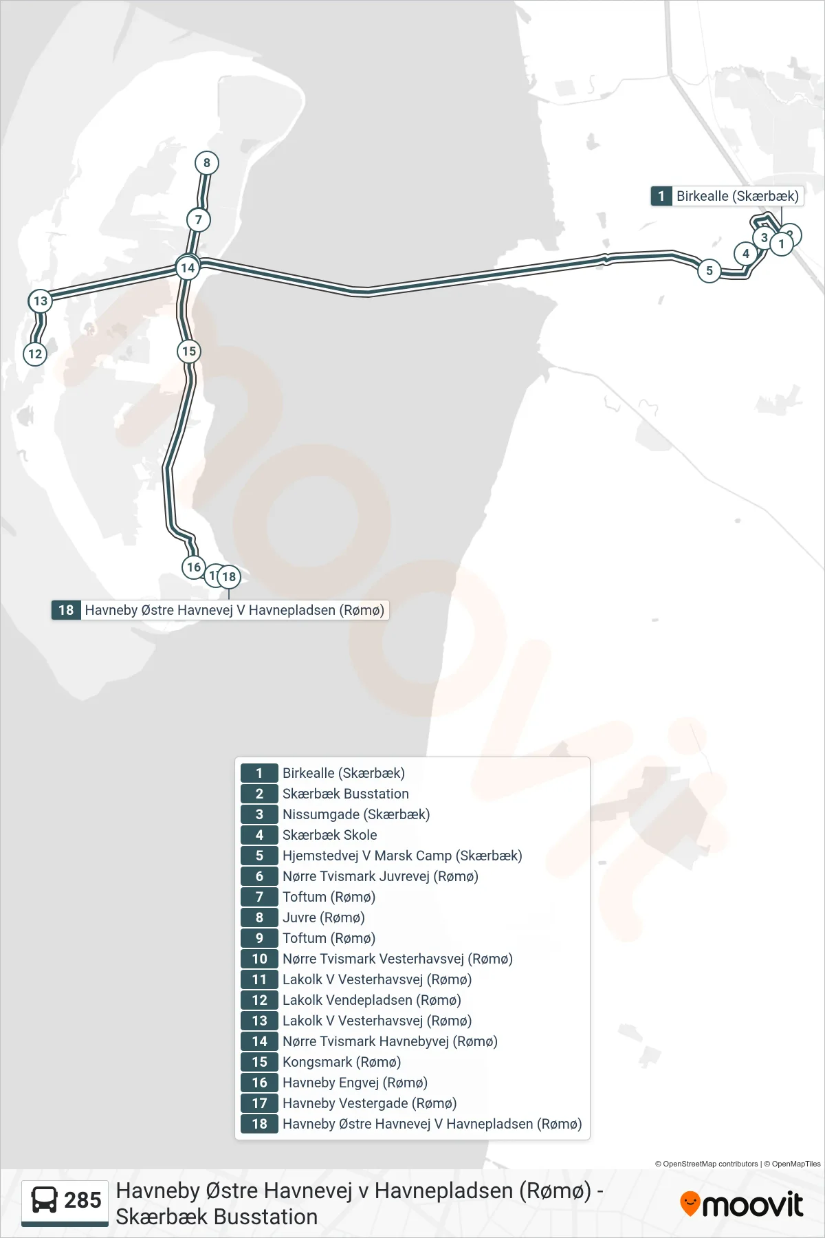 285 bus Linje (Havneby Østre Havnevej V Havnepladsen (Rømø)) rute og stop på et kort