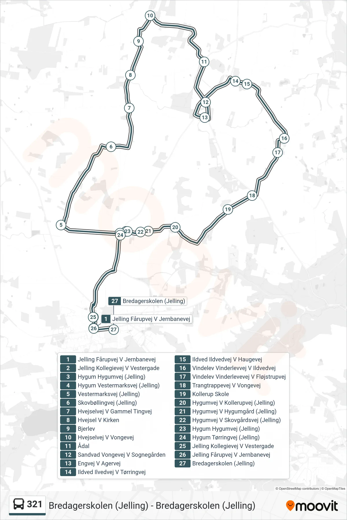 321 bus Linje (Bredagerskolen (Jelling)) rute og stop på et kort