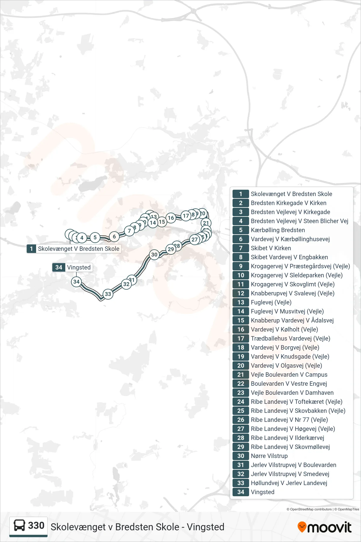 330 bus Linje (Vingsted) rute og stop på et kort
