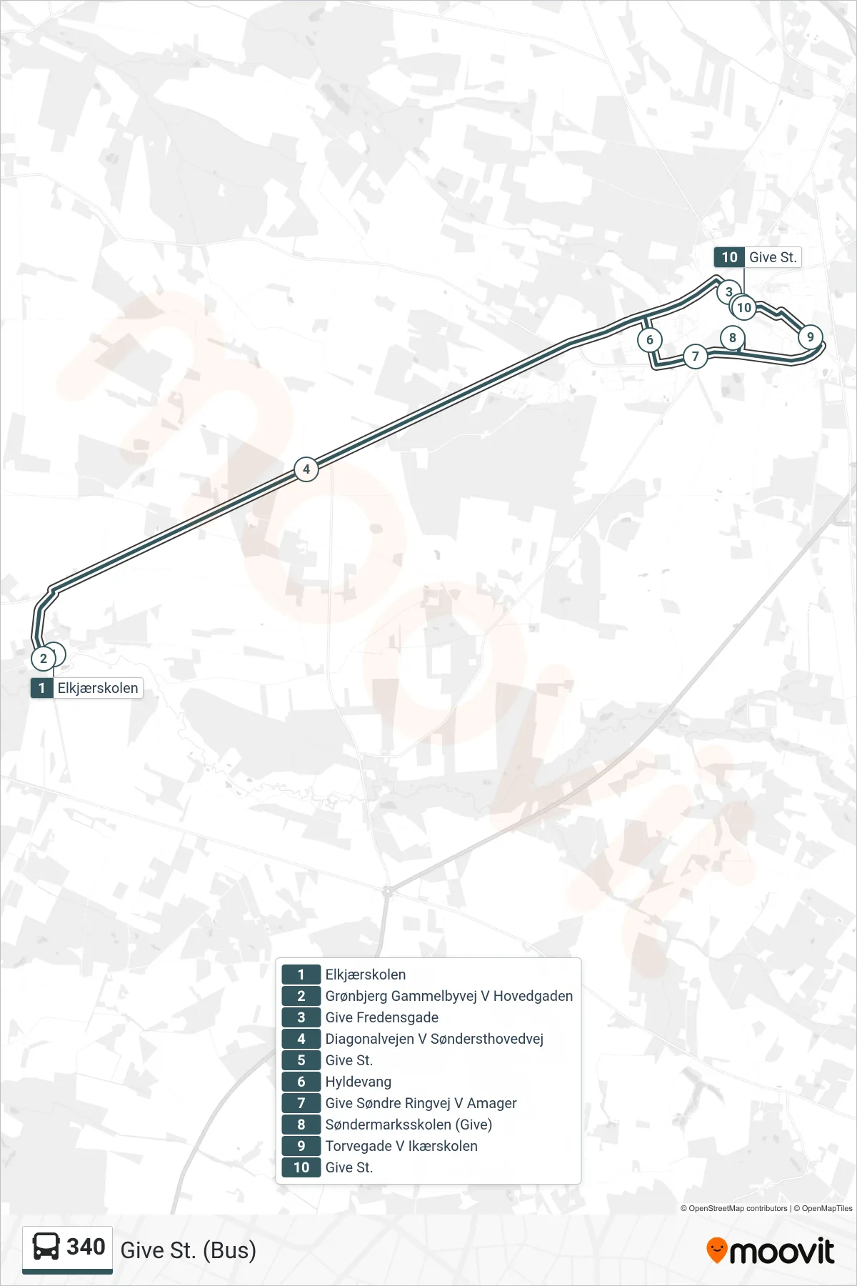 340 bus Linje (Give St. (Bus)) rute og stop på et kort
