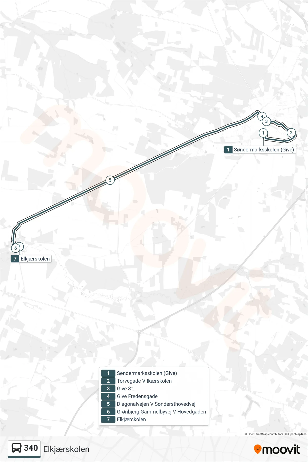 340 bus Linje (Elkjærskolen) rute og stop på et kort