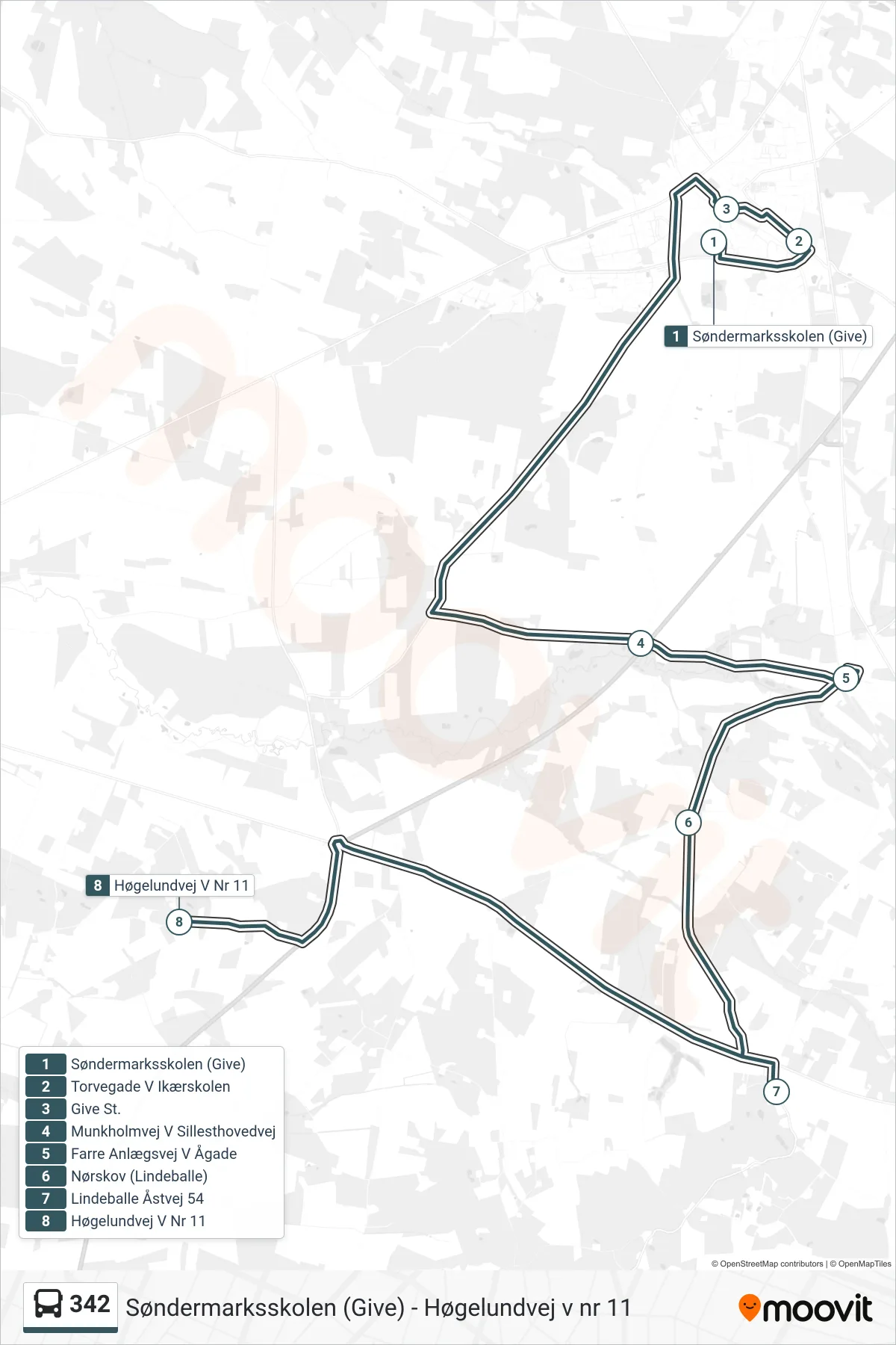 342 bus Linje (Høgelundvej V Nr 11) rute og stop på et kort