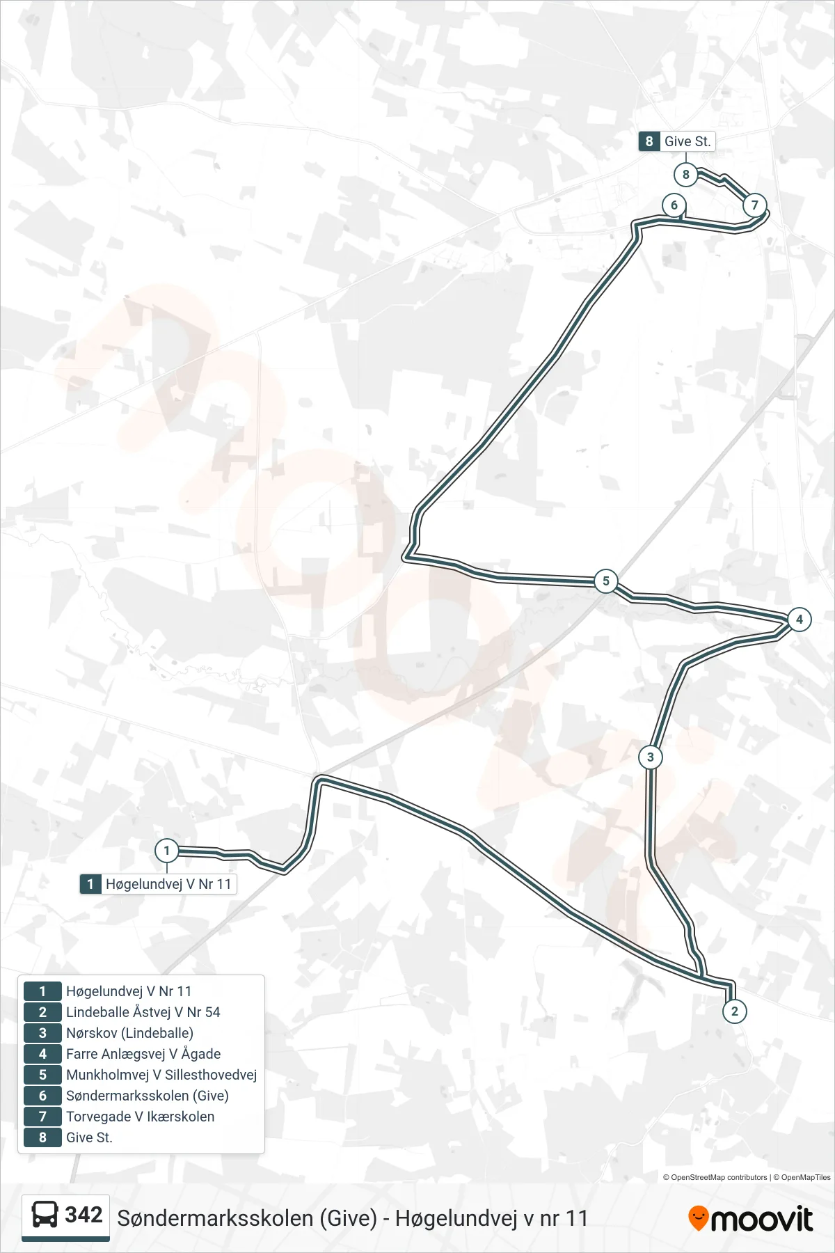 342 bus Linje (Give St. (Bus)) rute og stop på et kort