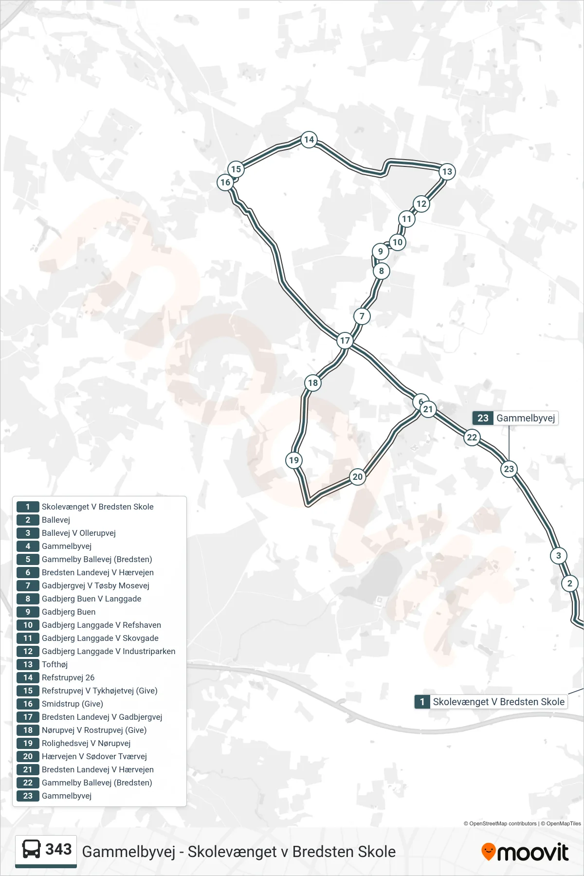 343 bus Linje (Gammelbyvej) rute og stop på et kort
