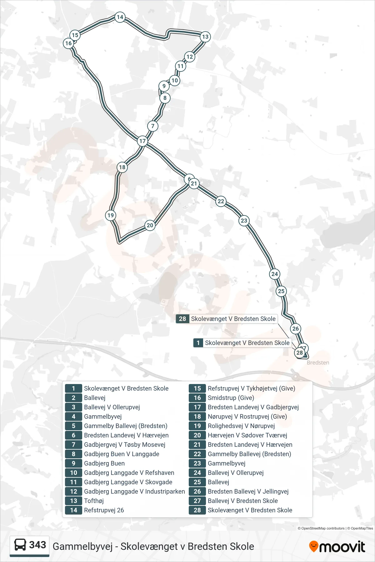 343 bus Line (Skolevænget V Bredsten Skole) route and stops on a map