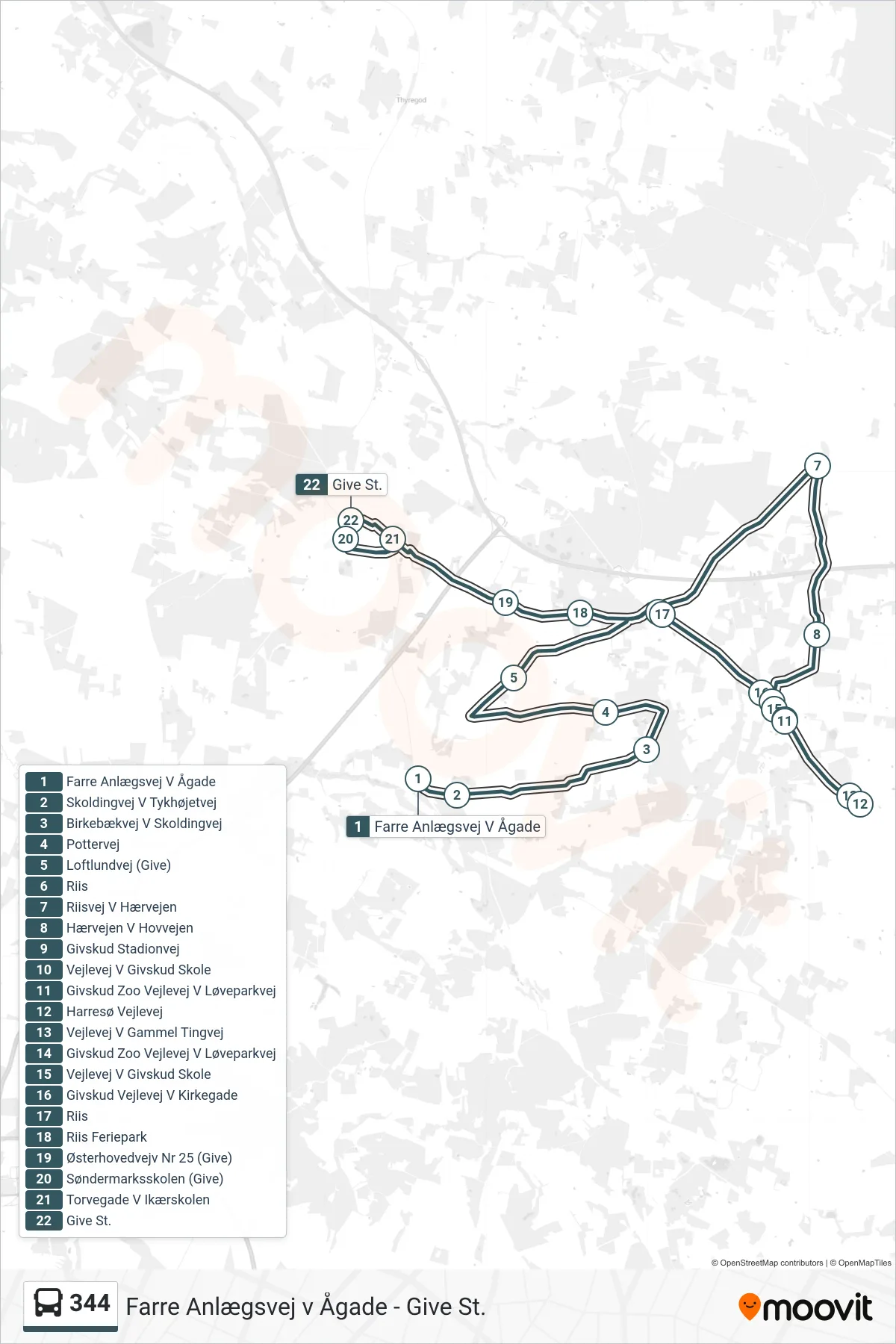 344 bus Linje (Give St. (Bus)) rute og stop på et kort