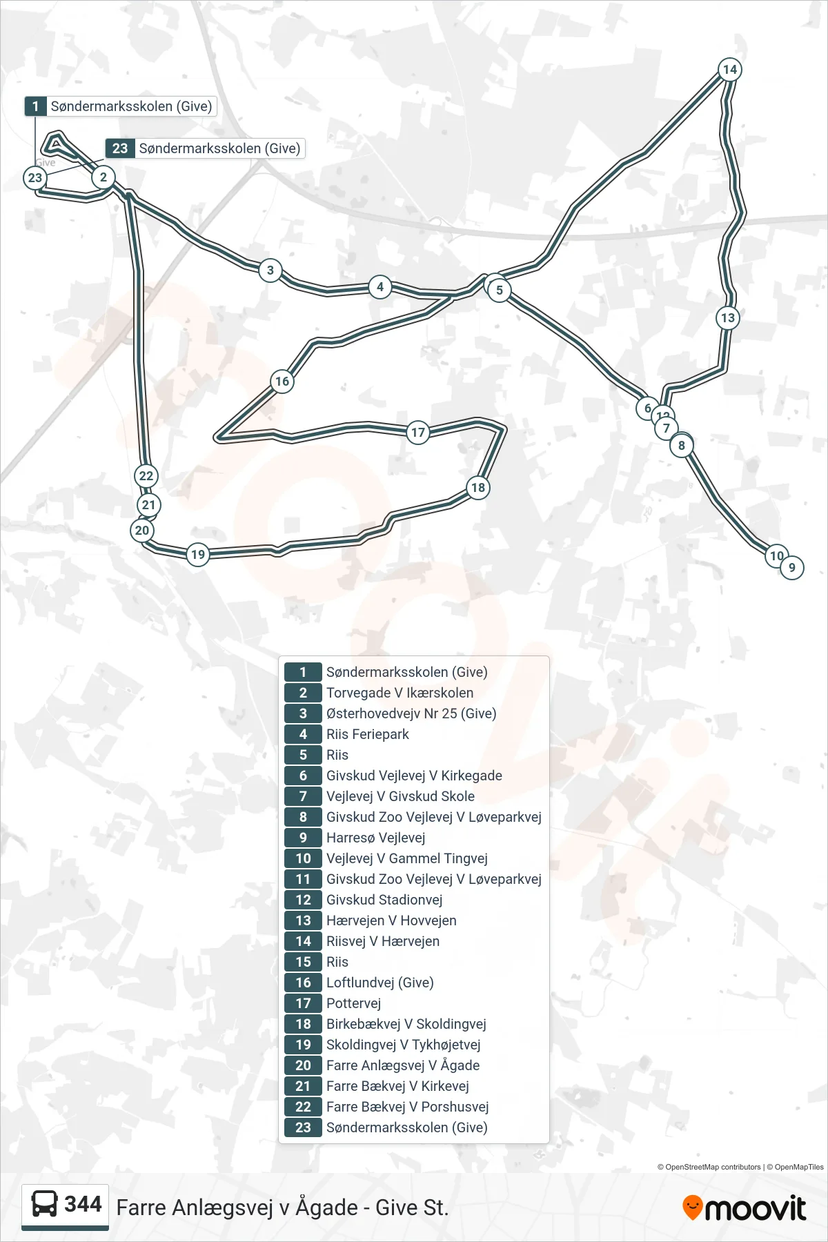 344 bus Linje (Søndermarksskolen (Give)) rute og stop på et kort