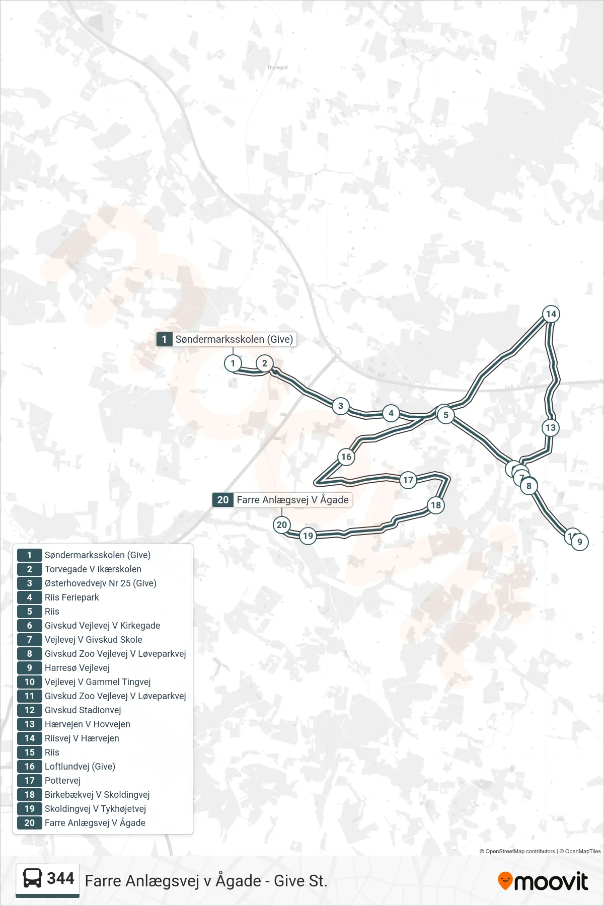 344 bus Linje (Farre Anlægsvej V Ågade) rute og stop på et kort