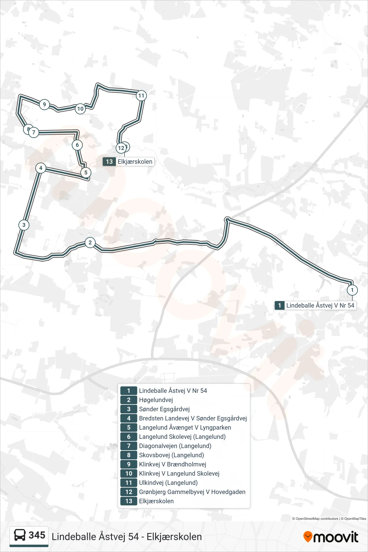 345 bus Linje (Elkjærskolen) rute og stop på et kort