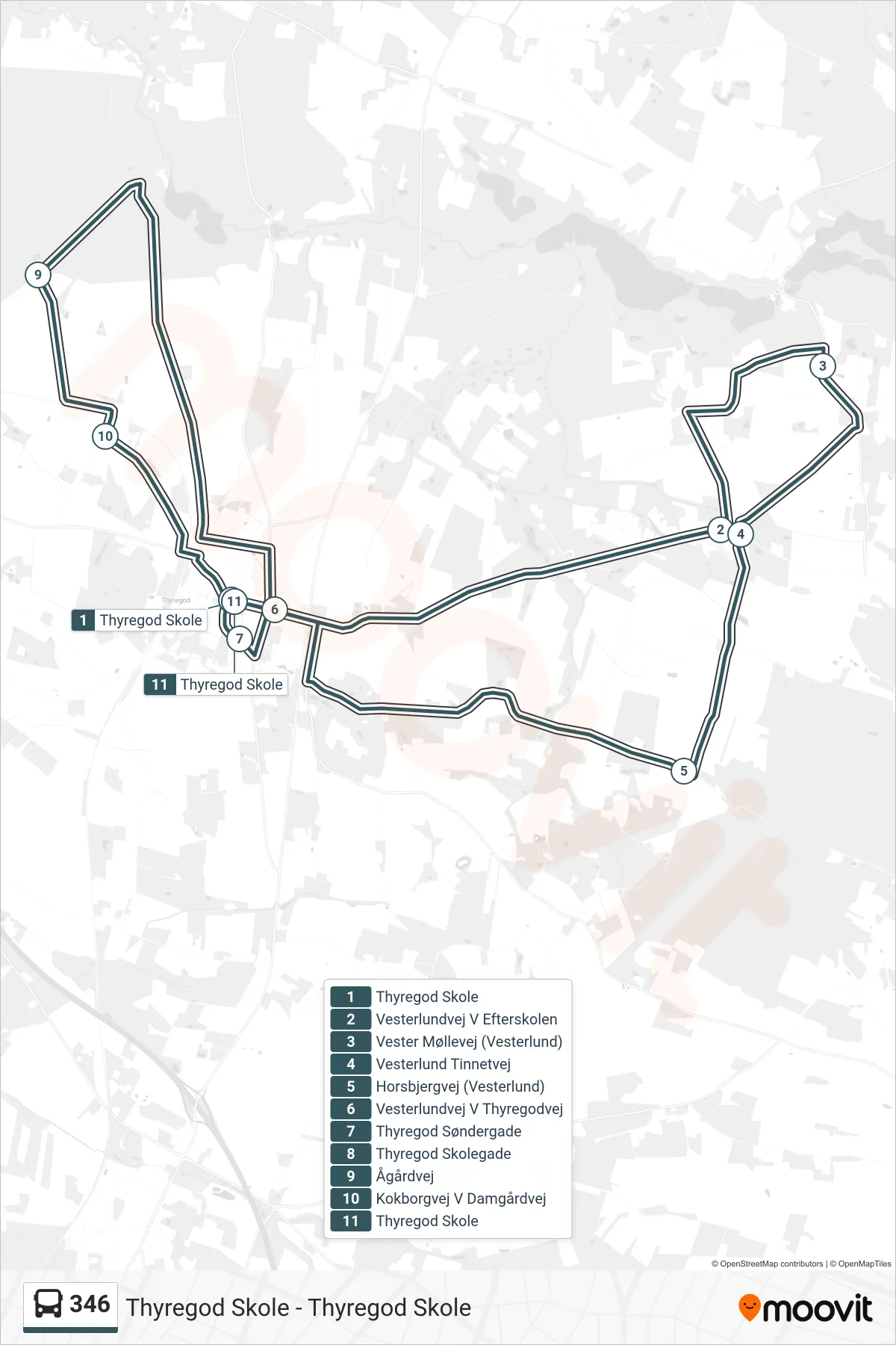 346 bus Linje (Thyregod Skole) rute og stop på et kort