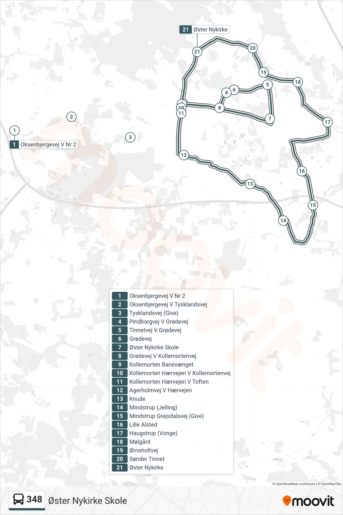 348 bus Linje (Øster Nykirke Skole) rute og stop på et kort