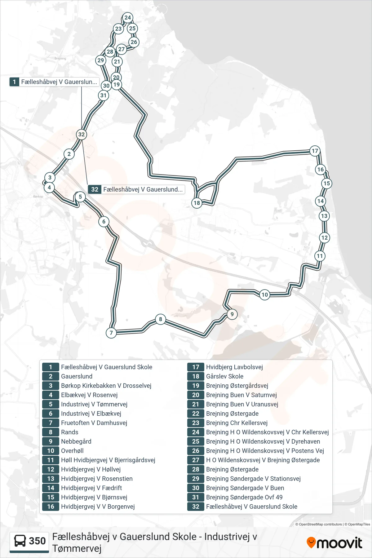 350 bus Linje (Fælleshåbvej V Gauerslund Skole) rute og stop på et kort