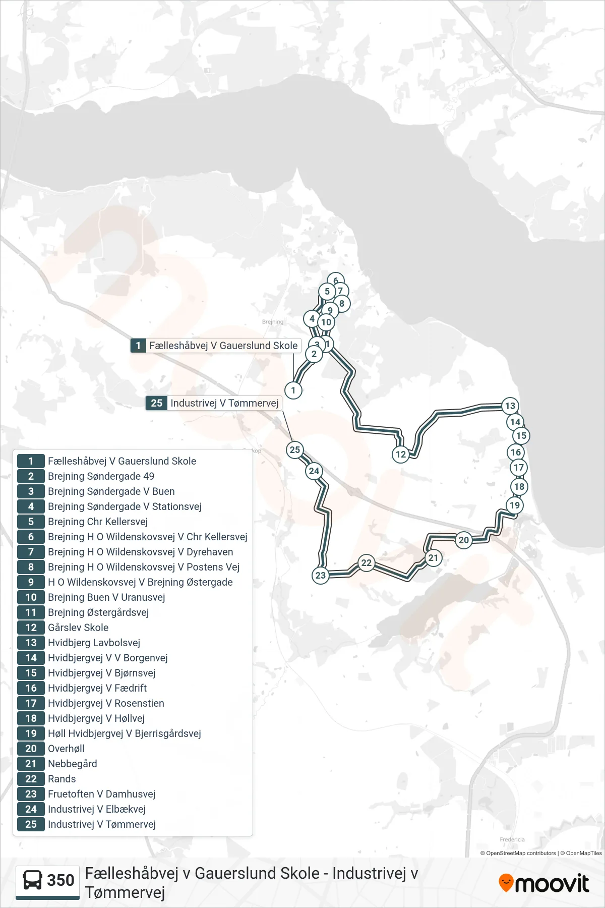 350 bus Linje (Industrivej V Tømmervej) rute og stop på et kort