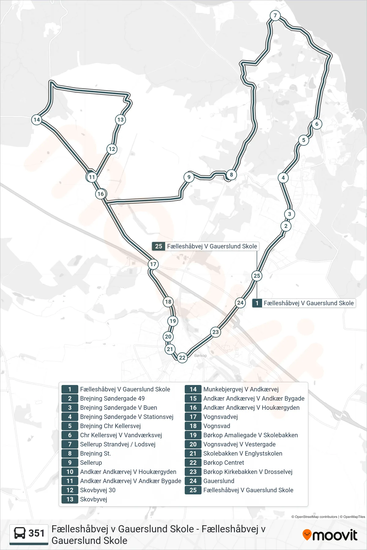 351 bus Linje (Fælleshåbvej V Gauerslund Skole) rute og stop på et kort