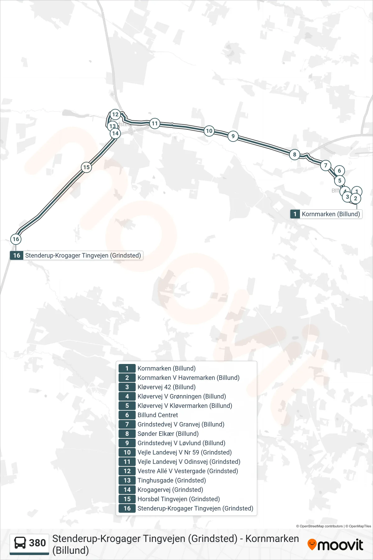 380 bus Linje (Stenderup-Krogager Tingvejen (Grindsted)) rute og stop på et kort