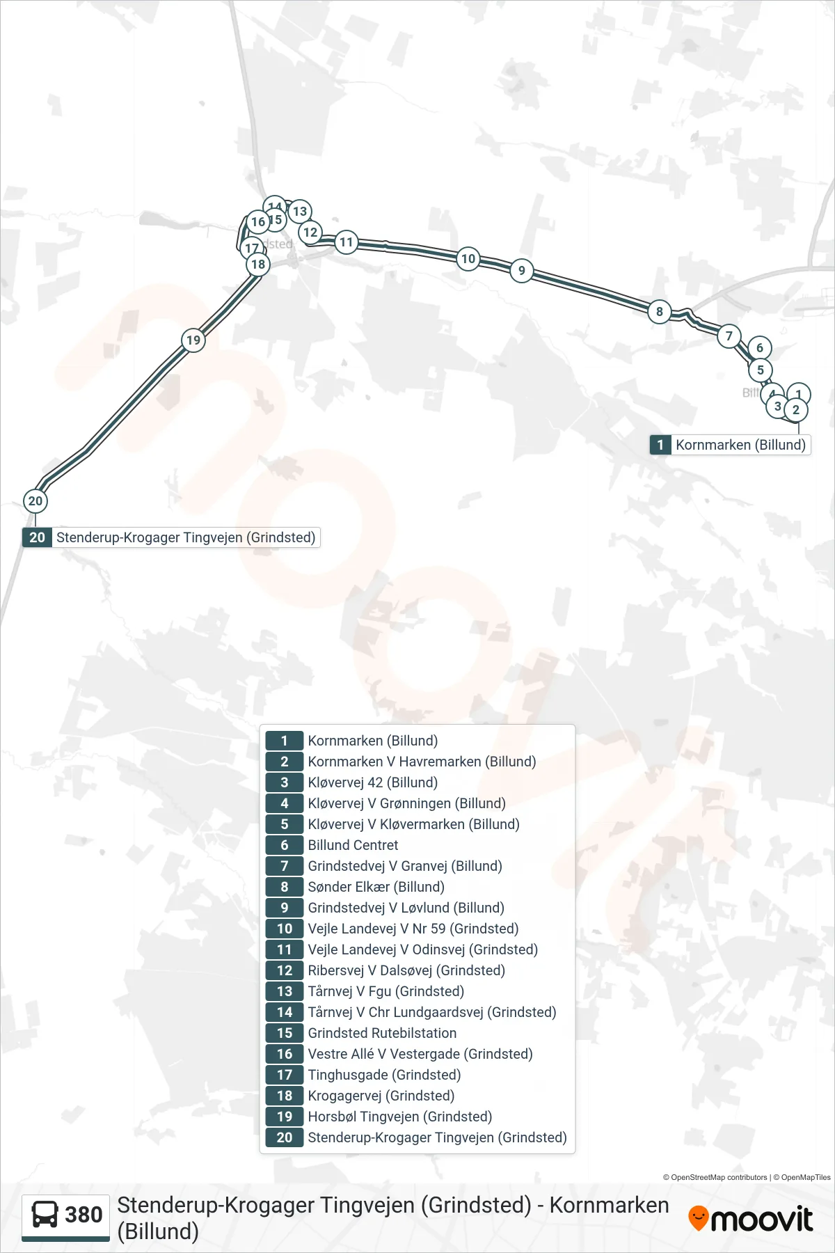 380 bus Linje (Grindsted - Stenderup-Krogager) rute og stop på et kort