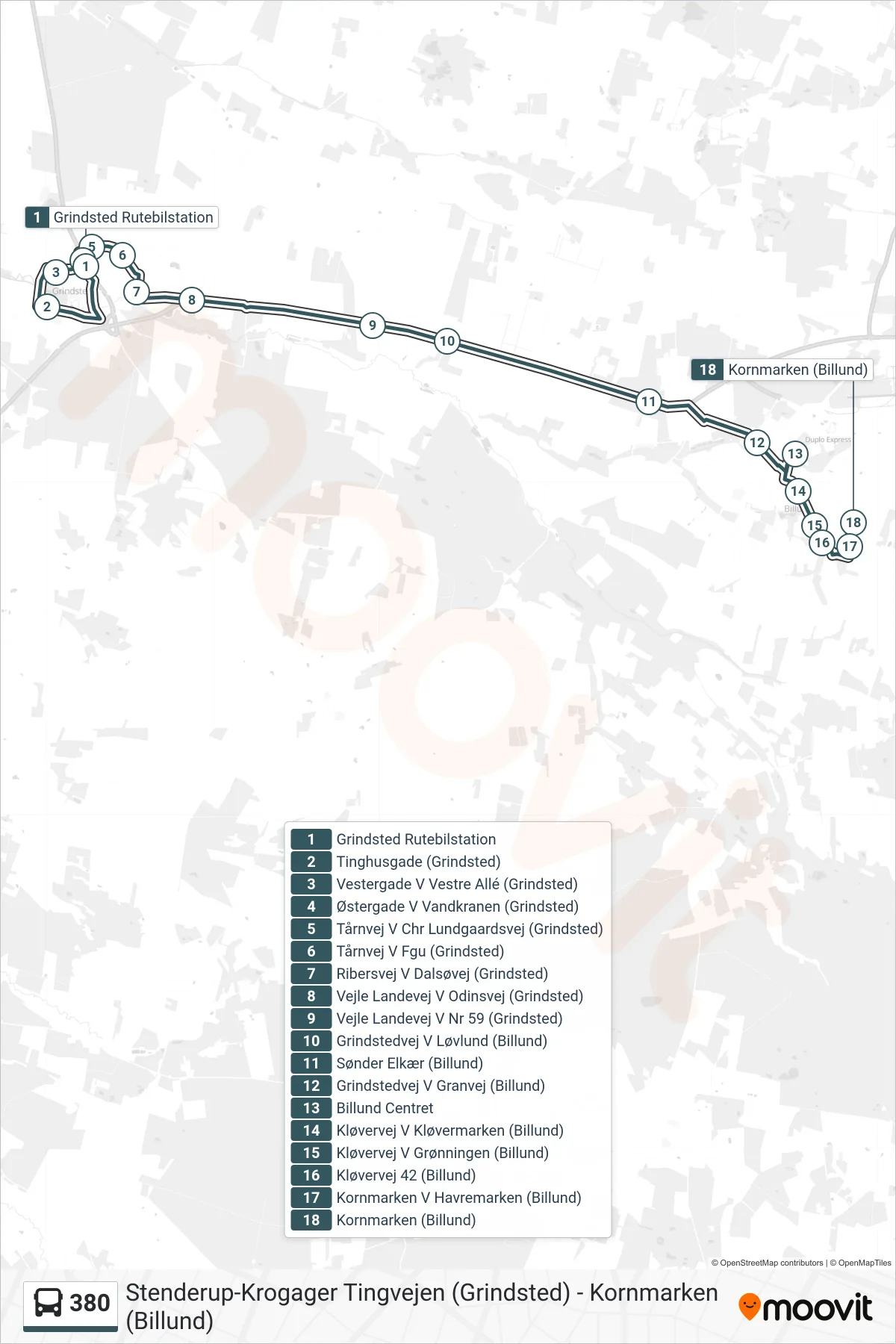 380 bus Linje (Billund) rute og stop på et kort