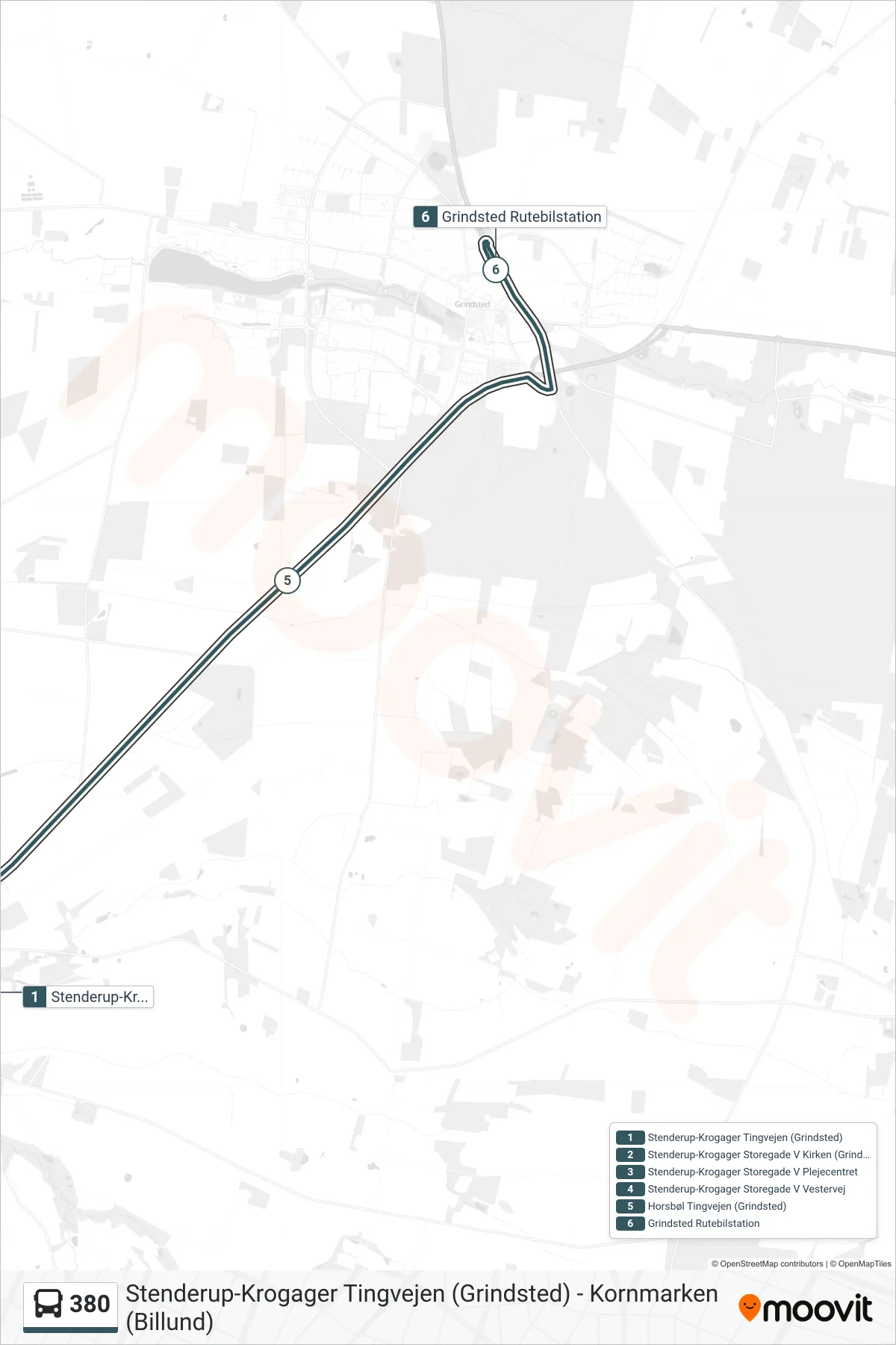 380 bus Linje (Grindsted) rute og stop på et kort
