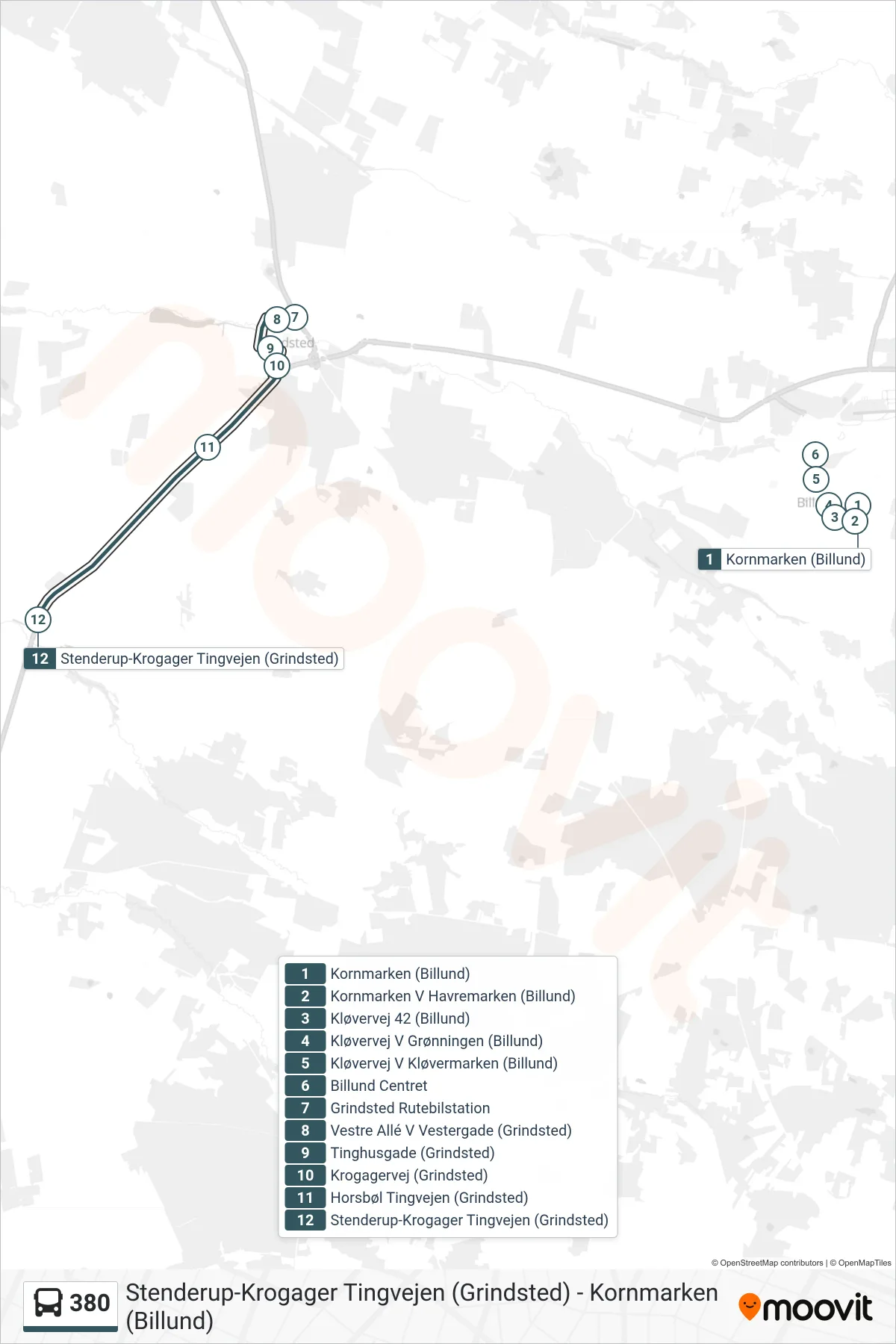 380 bus Linje (Billund) rute og stop på et kort