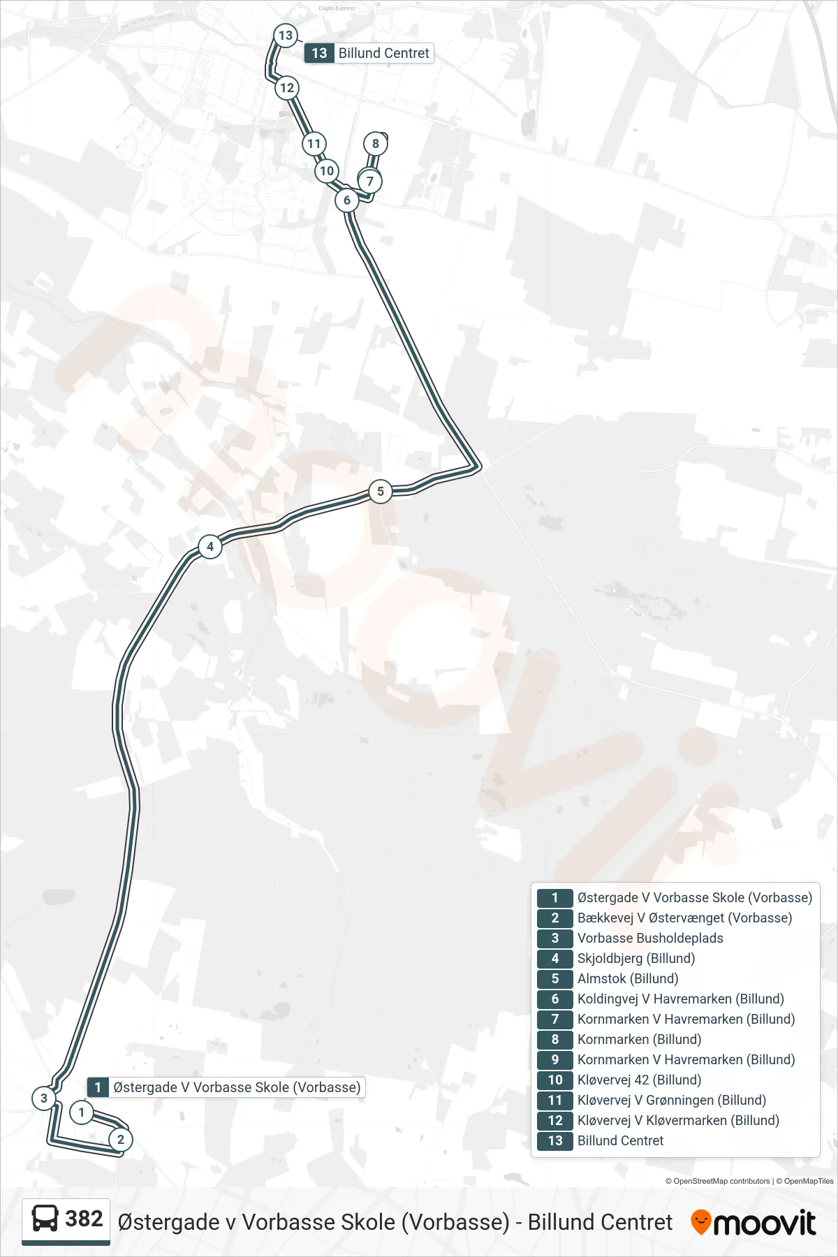 382 bus Linje (Billund Centret) rute og stop på et kort