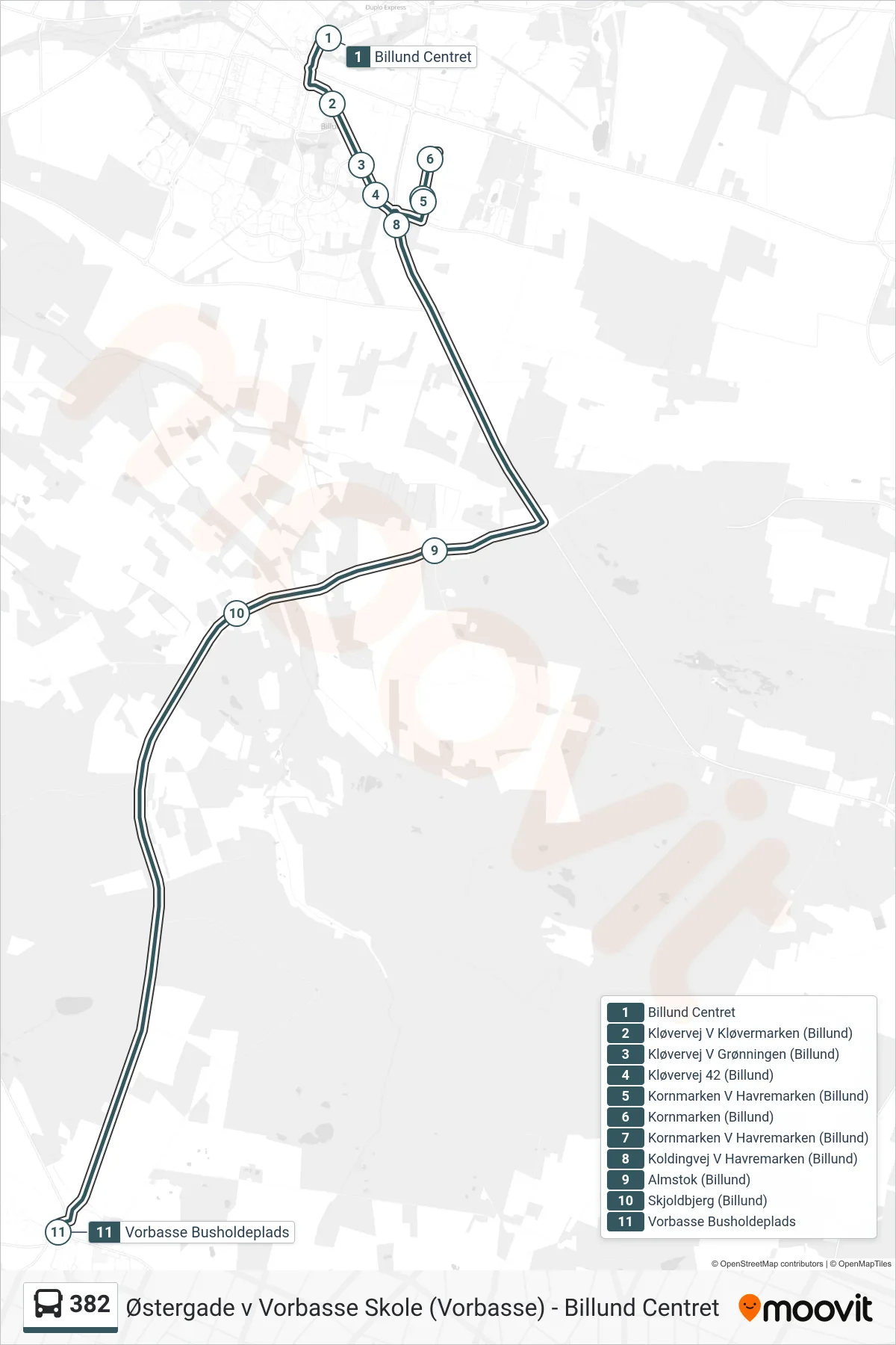 382 bus Linje (Vorbasse Busholdeplads) rute og stop på et kort