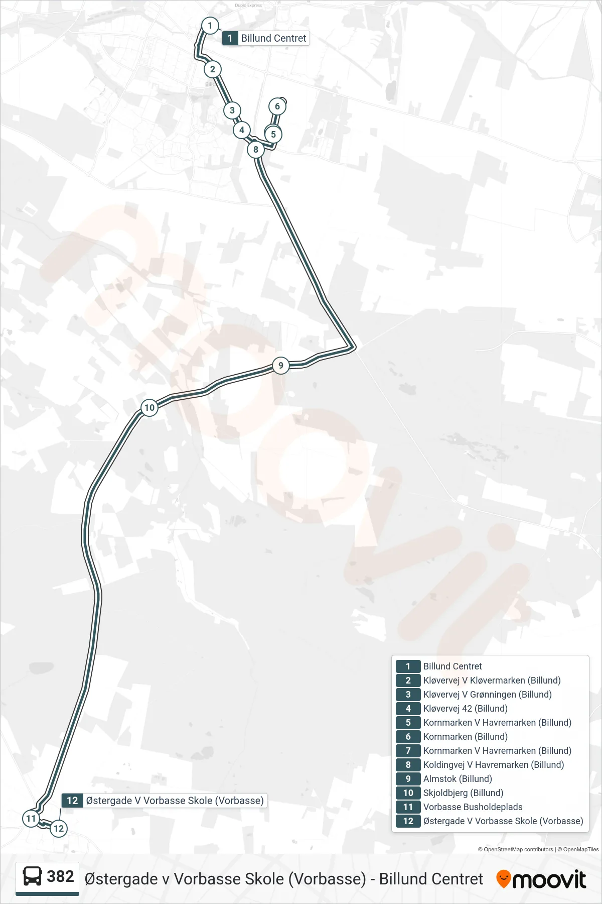 382 bus Linje (Østergade V Vorbasse Skole (Vorbasse)) rute og stop på et kort