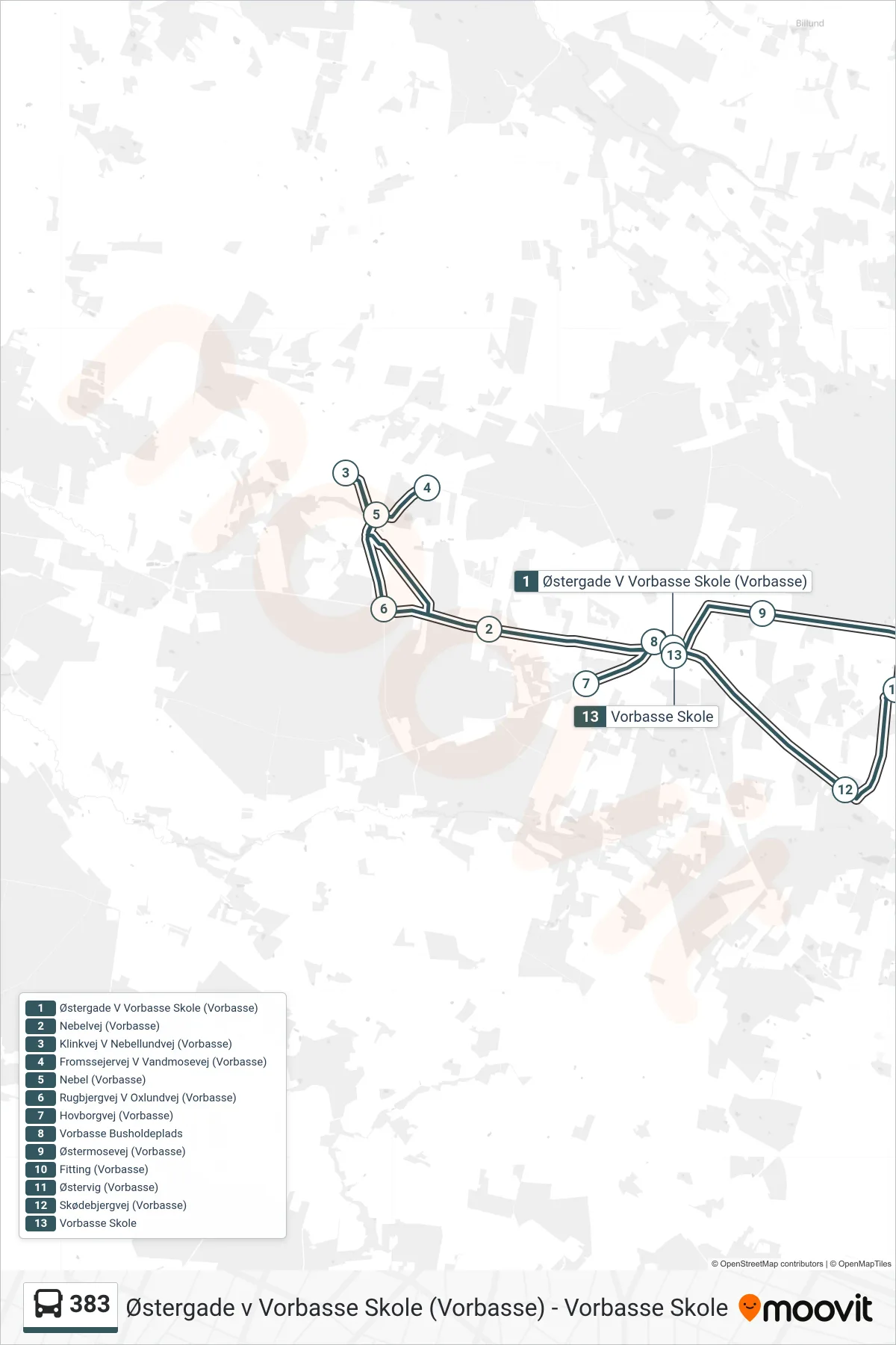 383 bus Linje (Vorbasse Skole) rute og stop på et kort