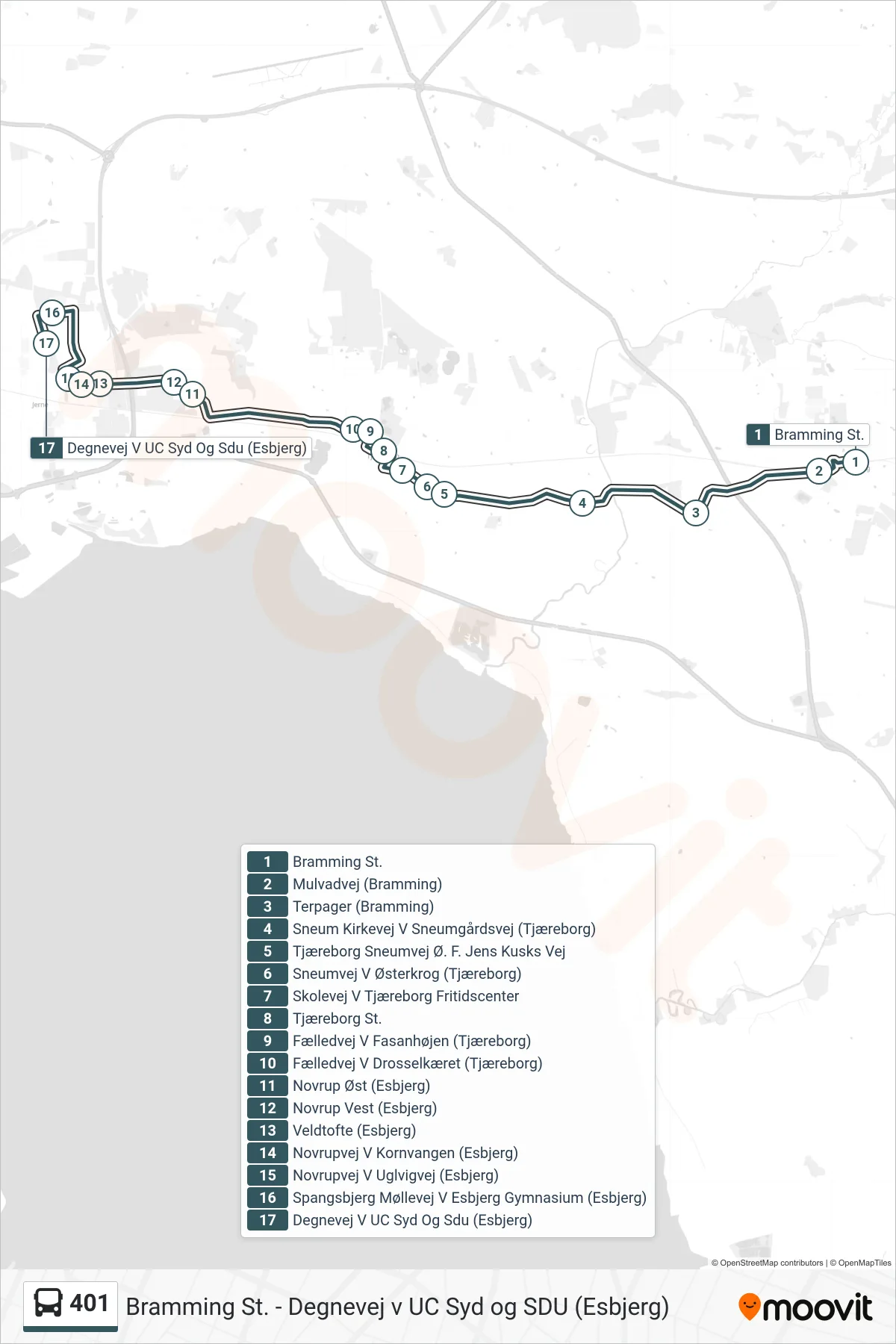 401 bus Linje (Degnevej V UC Syd Og Sdu (Esbjerg)) rute og stop på et kort