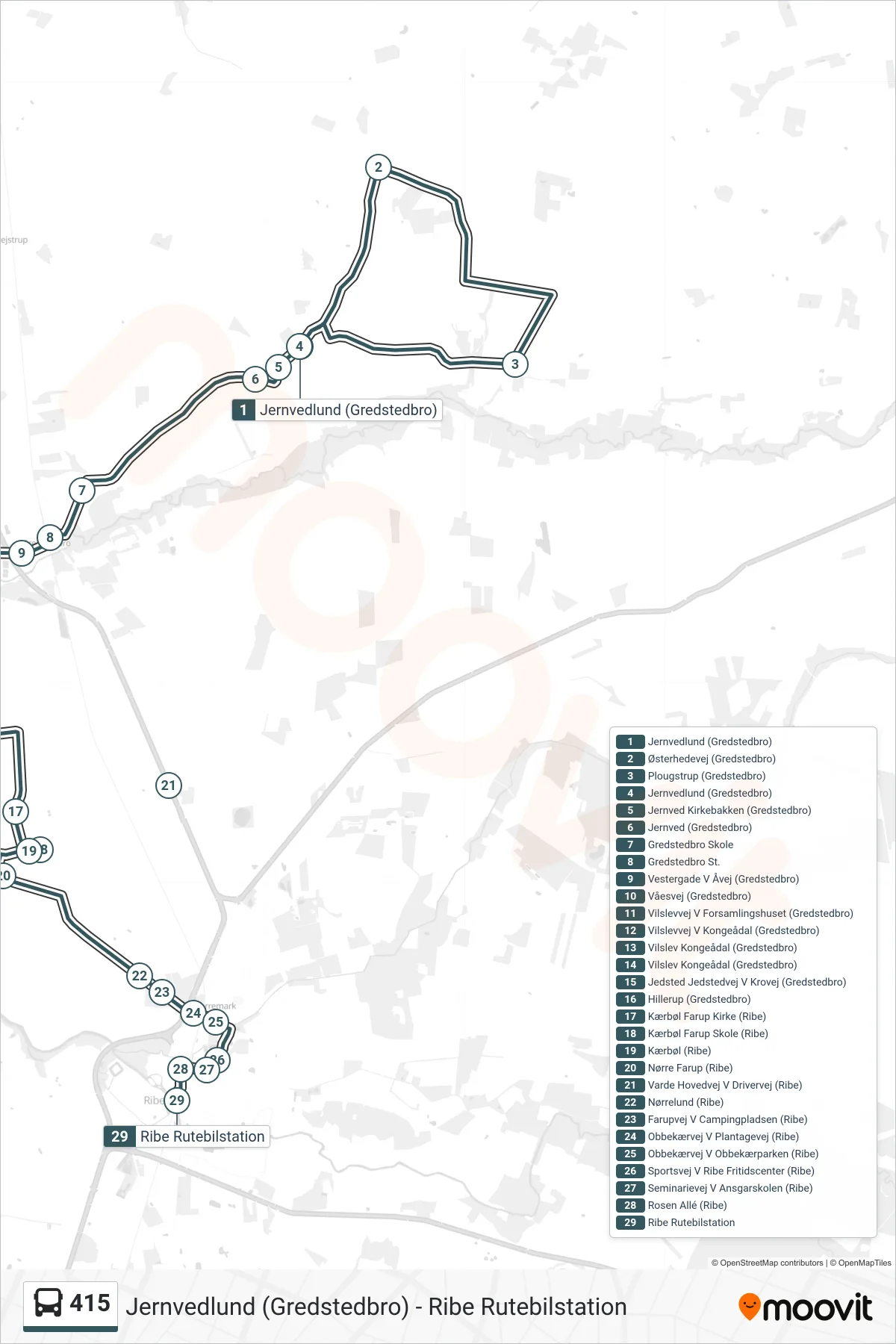 415 bus Linje (Ribe Rutebilstation) rute og stop på et kort