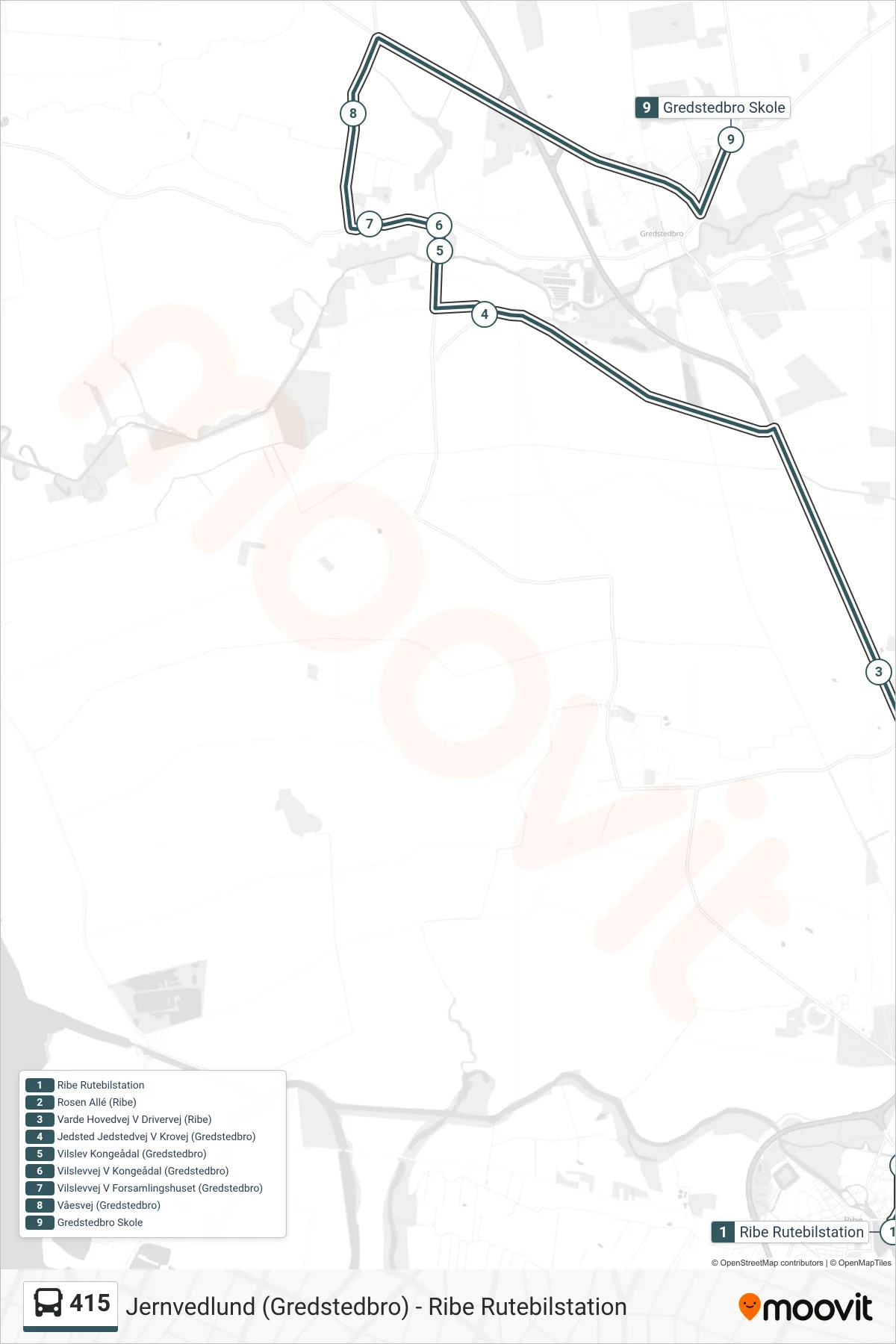 415 bus Linje (Gredstedbro Skole) rute og stop på et kort