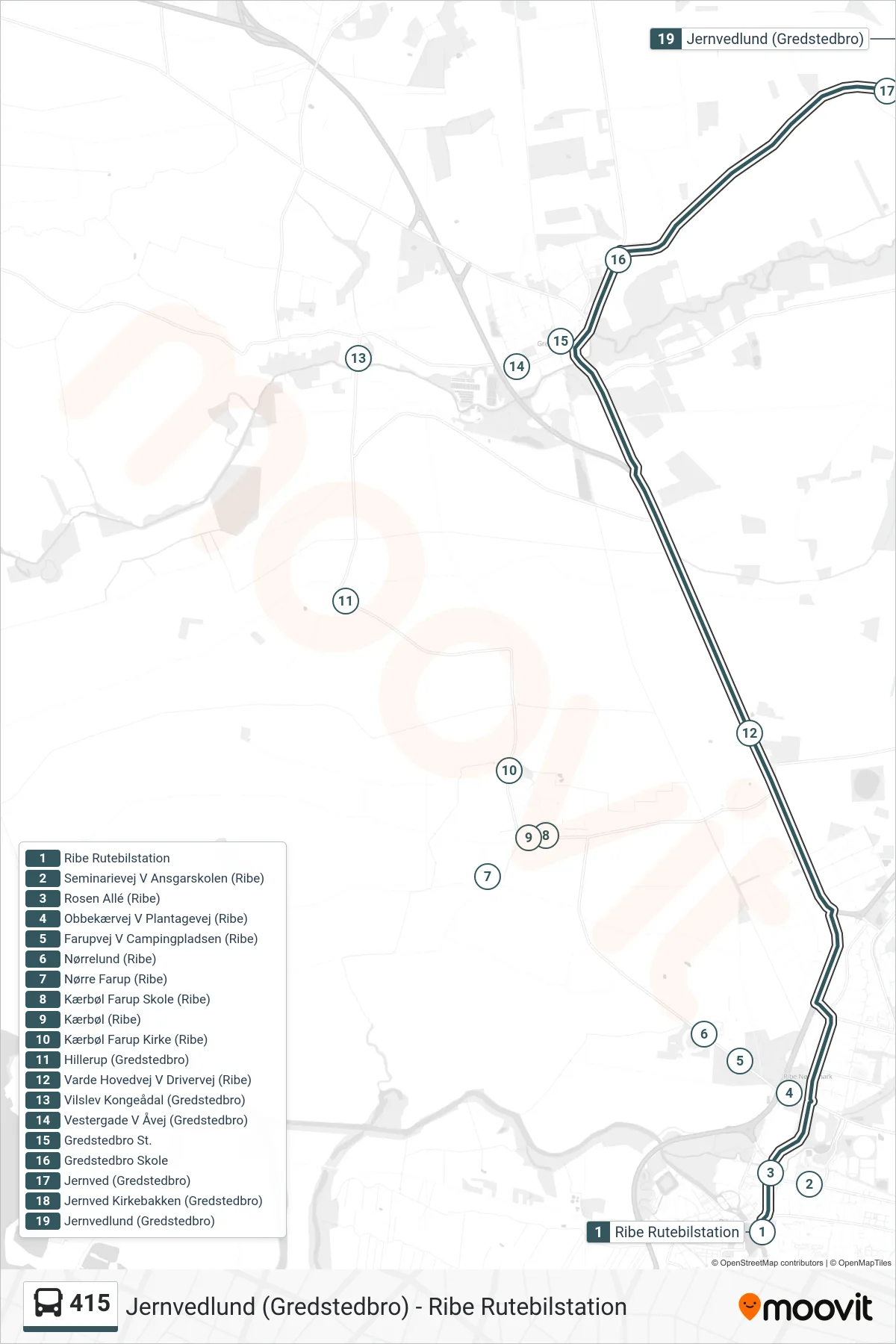 415 bus Linje (Jernvedlund (Gredstedbro)) rute og stop på et kort