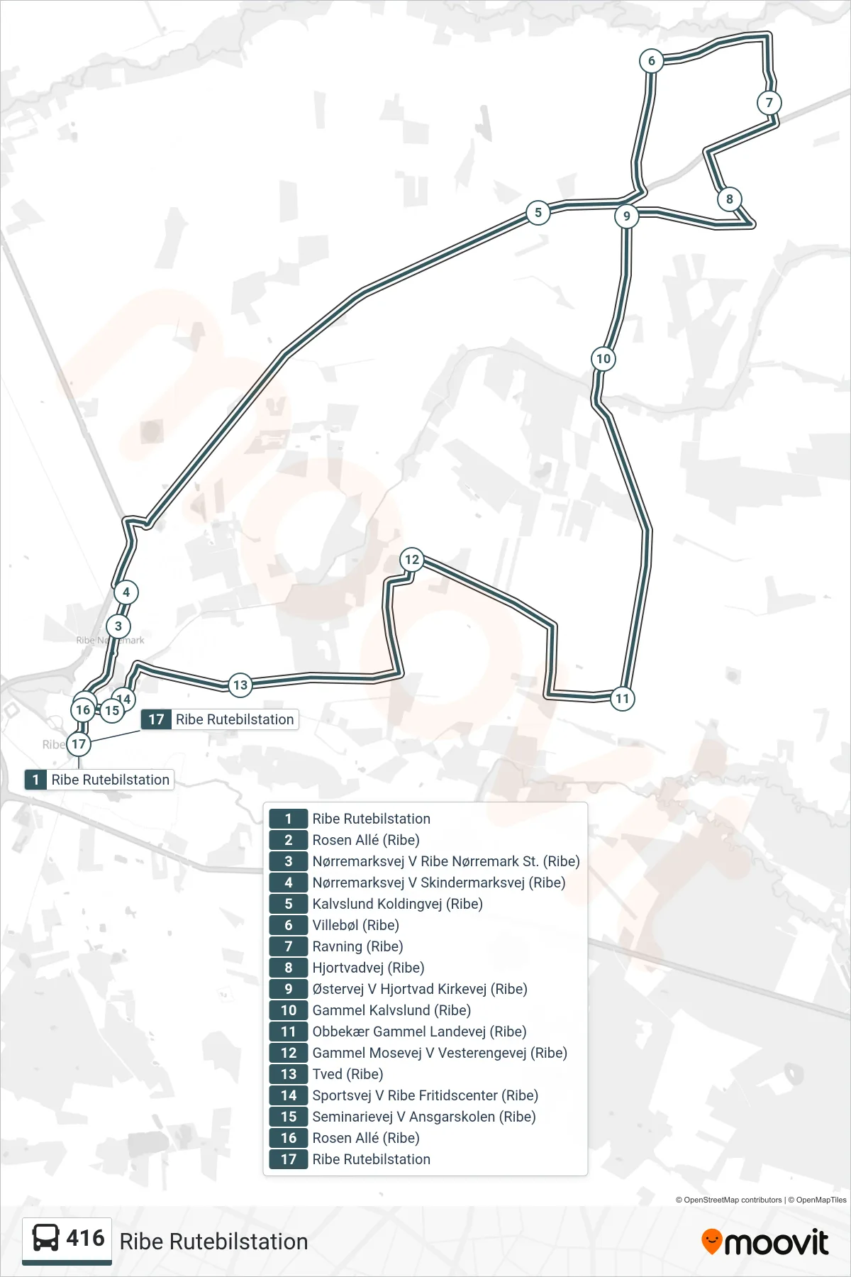 416 bus Linje (Ribe Rutebilstation) rute og stop på et kort