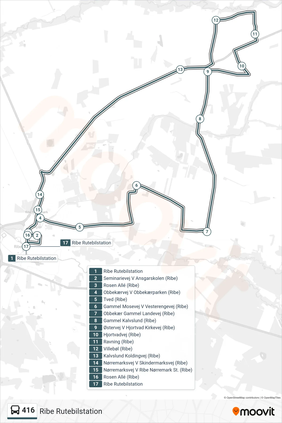 416 bus Linje (Ribe Rutebilstation) rute og stop på et kort
