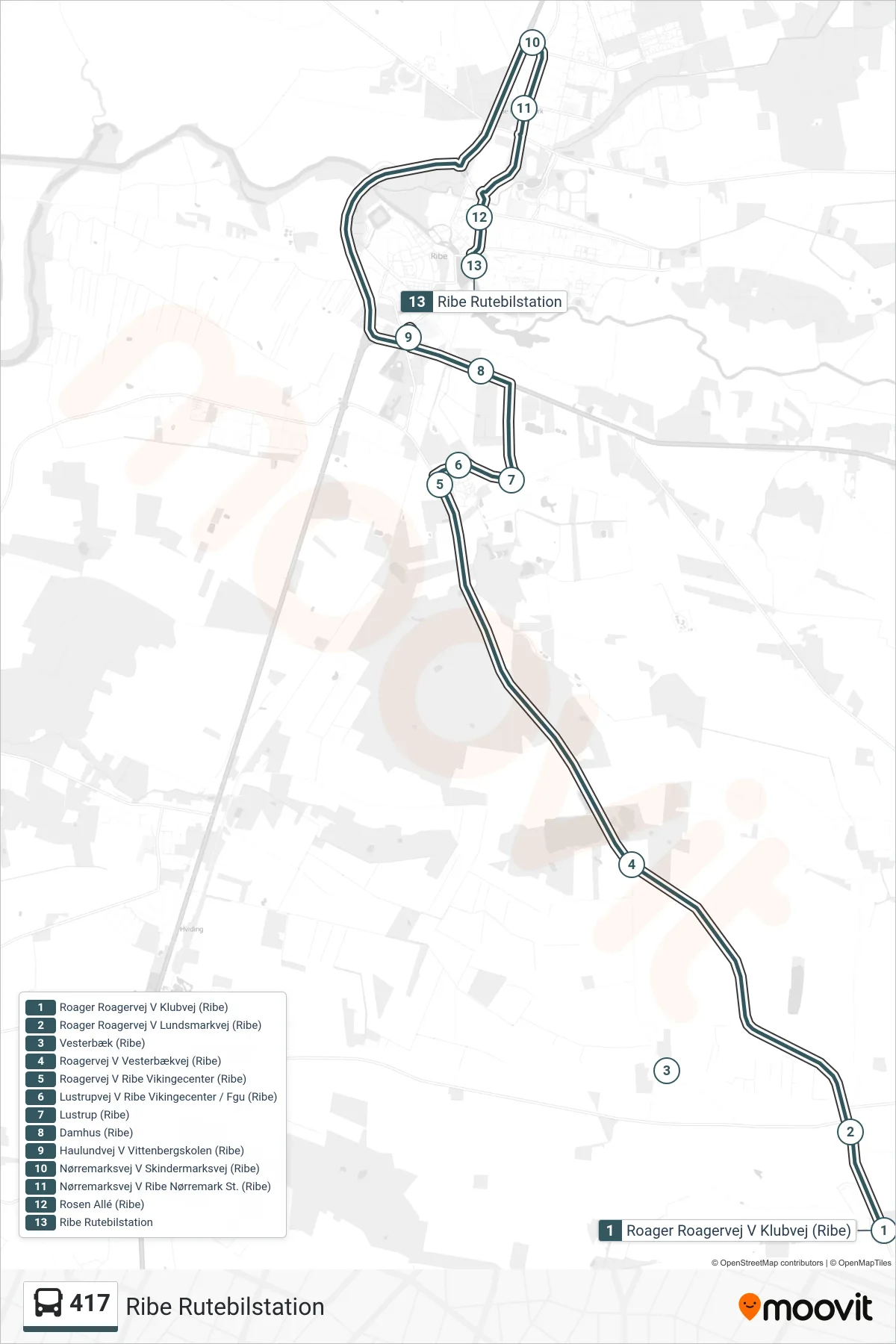 417 bus Linje (Ribe Rutebilstation) rute og stop på et kort