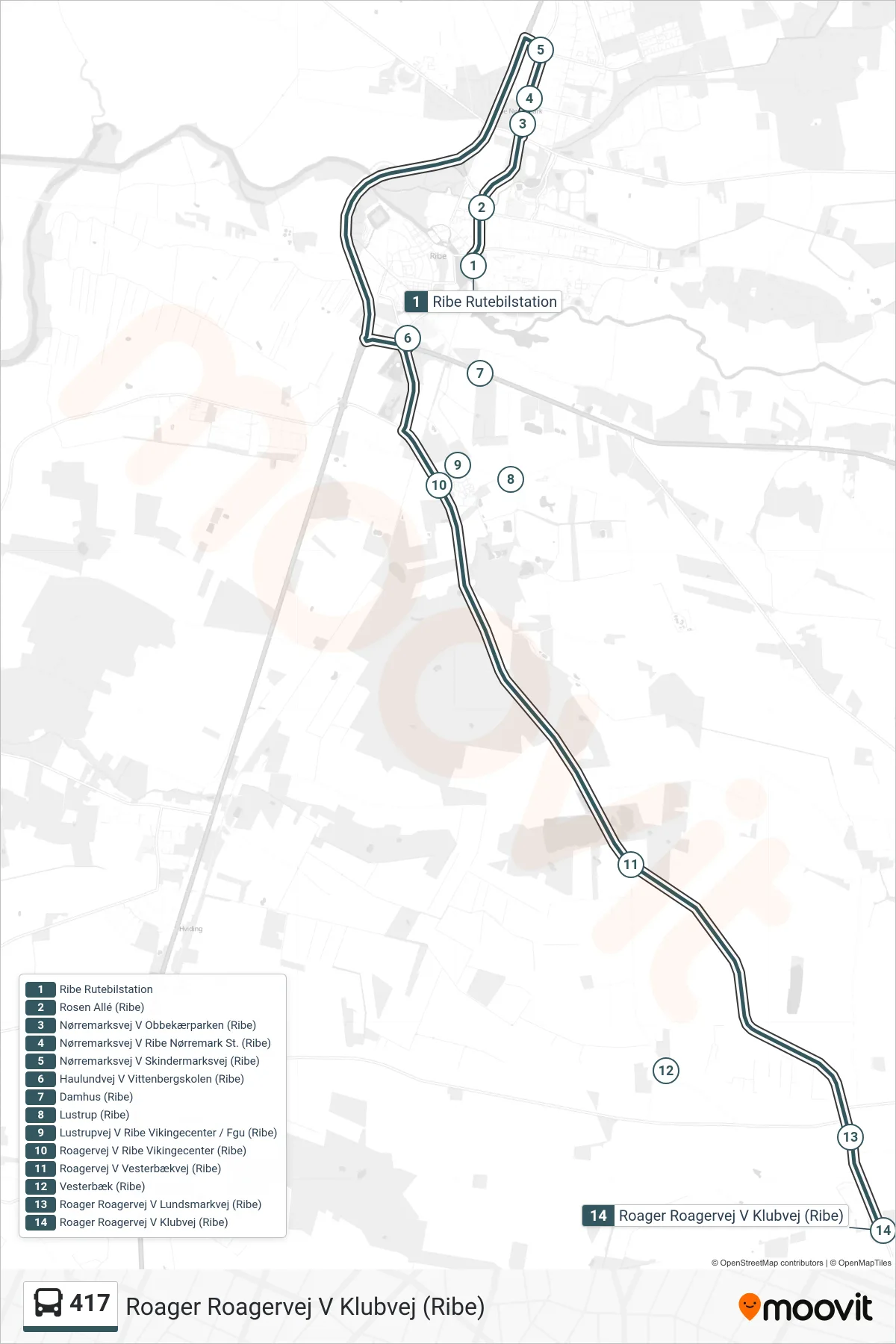 417 bus Line (Roager Roagervej V Klubvej (Ribe)) route and stops on a map