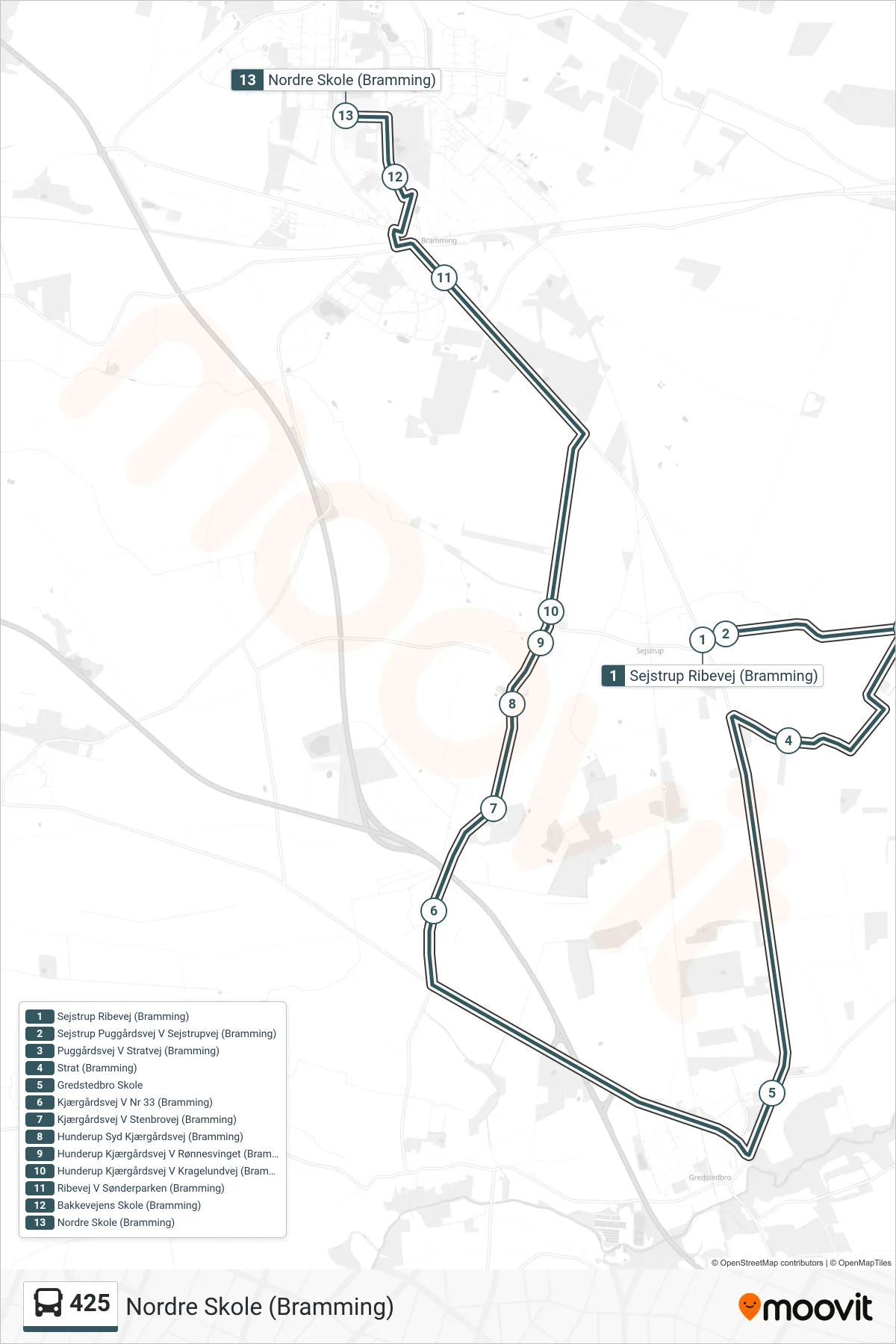 425 bus Linje (Nordre Skole (Bramming)) rute og stop på et kort
