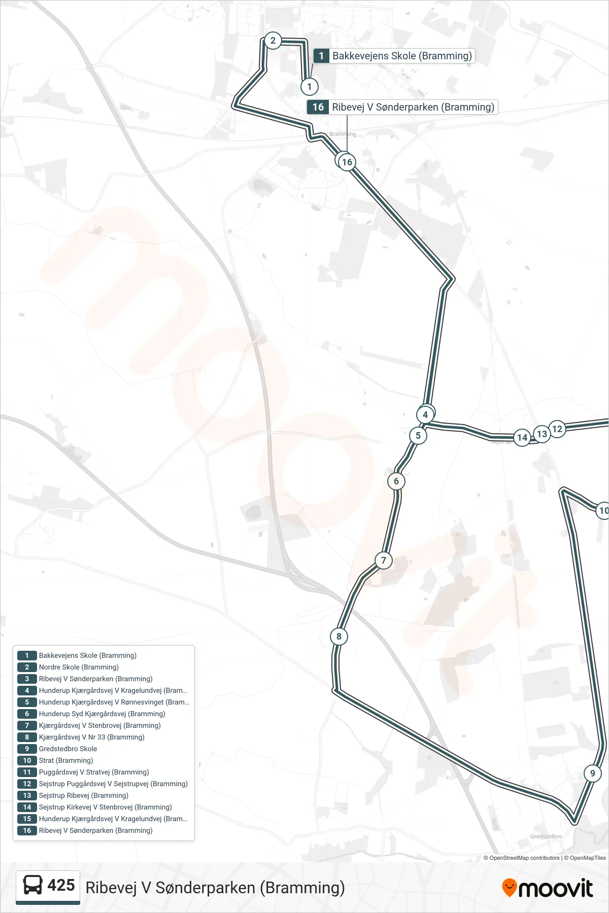 425 bus Linje (Ribevej V Sønderparken (Bramming)) rute og stop på et kort