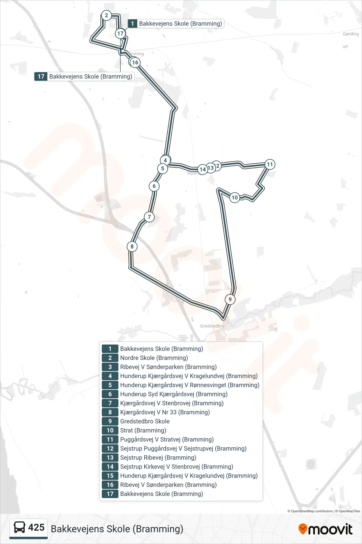 425 bus Linje (Bakkevejens Skole (Bramming)) rute og stop på et kort