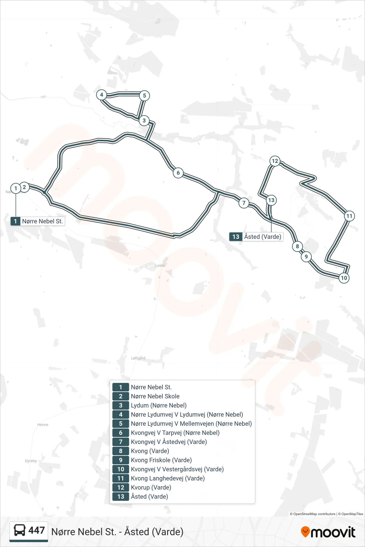 447 bus Linje (Åsted) rute og stop på et kort