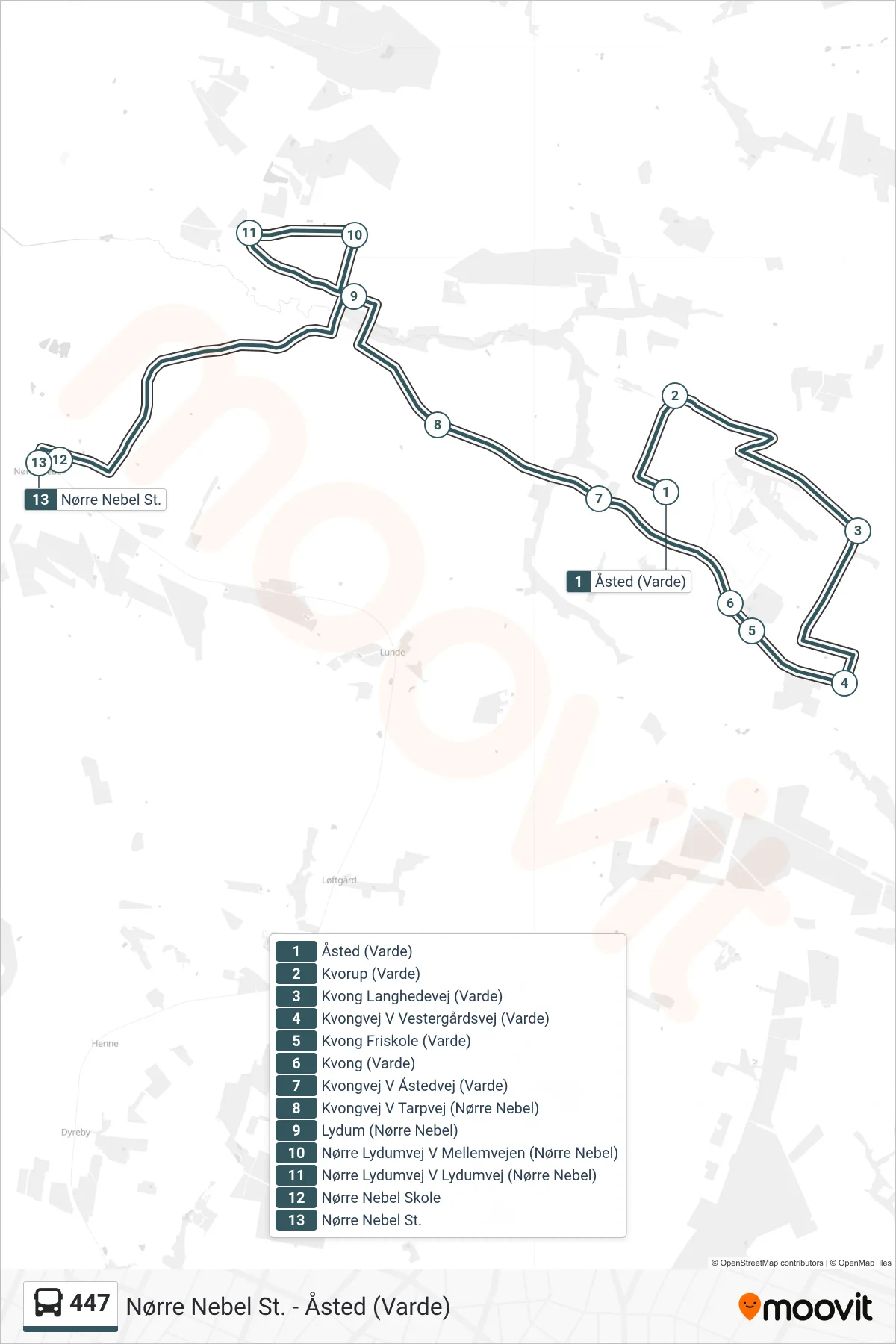 447 bus Linje (Nørre Nebel) rute og stop på et kort
