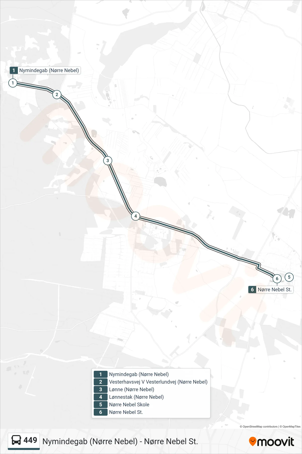 449 bus Linje (Nørre Nebel) rute og stop på et kort