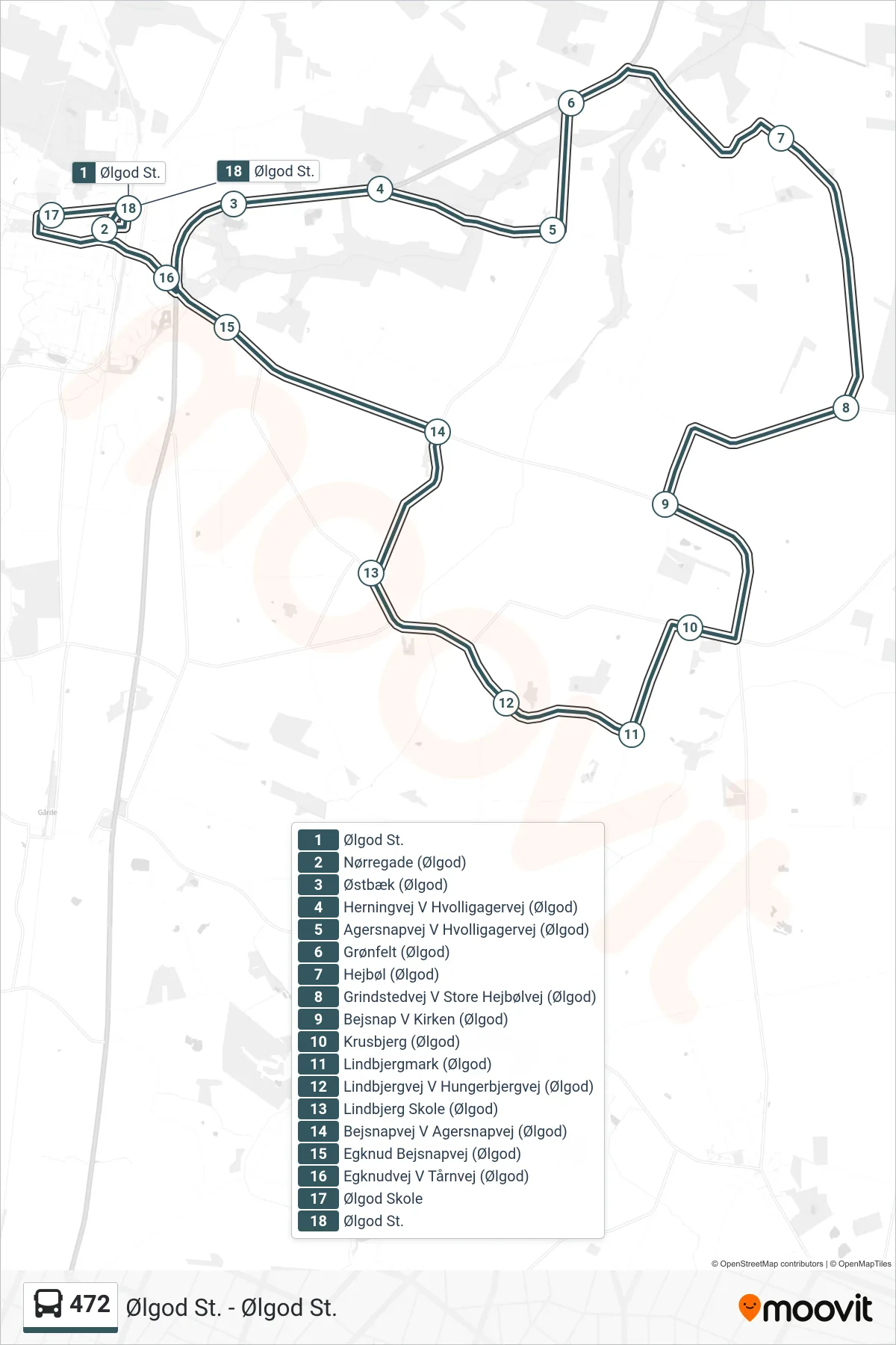 472 bus Linje (Ølgod St. (Bus)) rute og stop på et kort