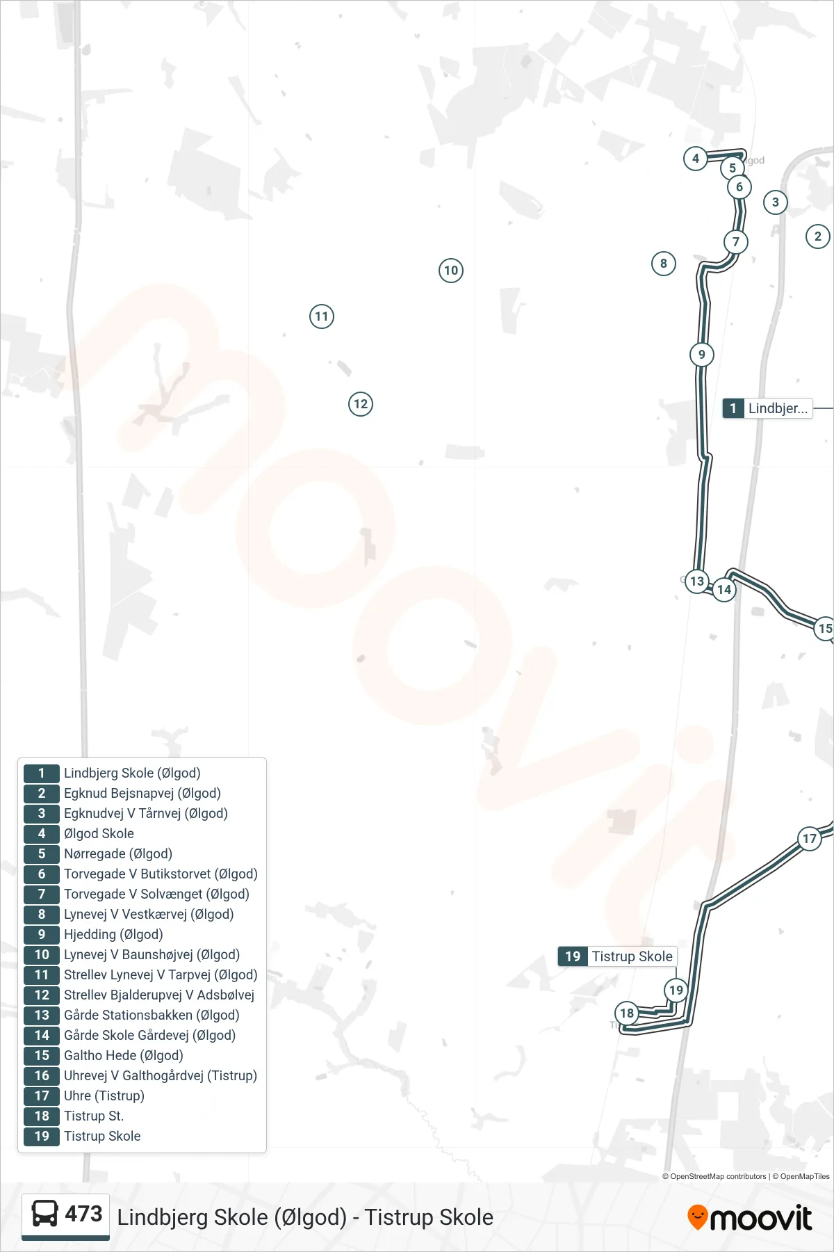 473 bus Linje (Tistrup Skole) rute og stop på et kort