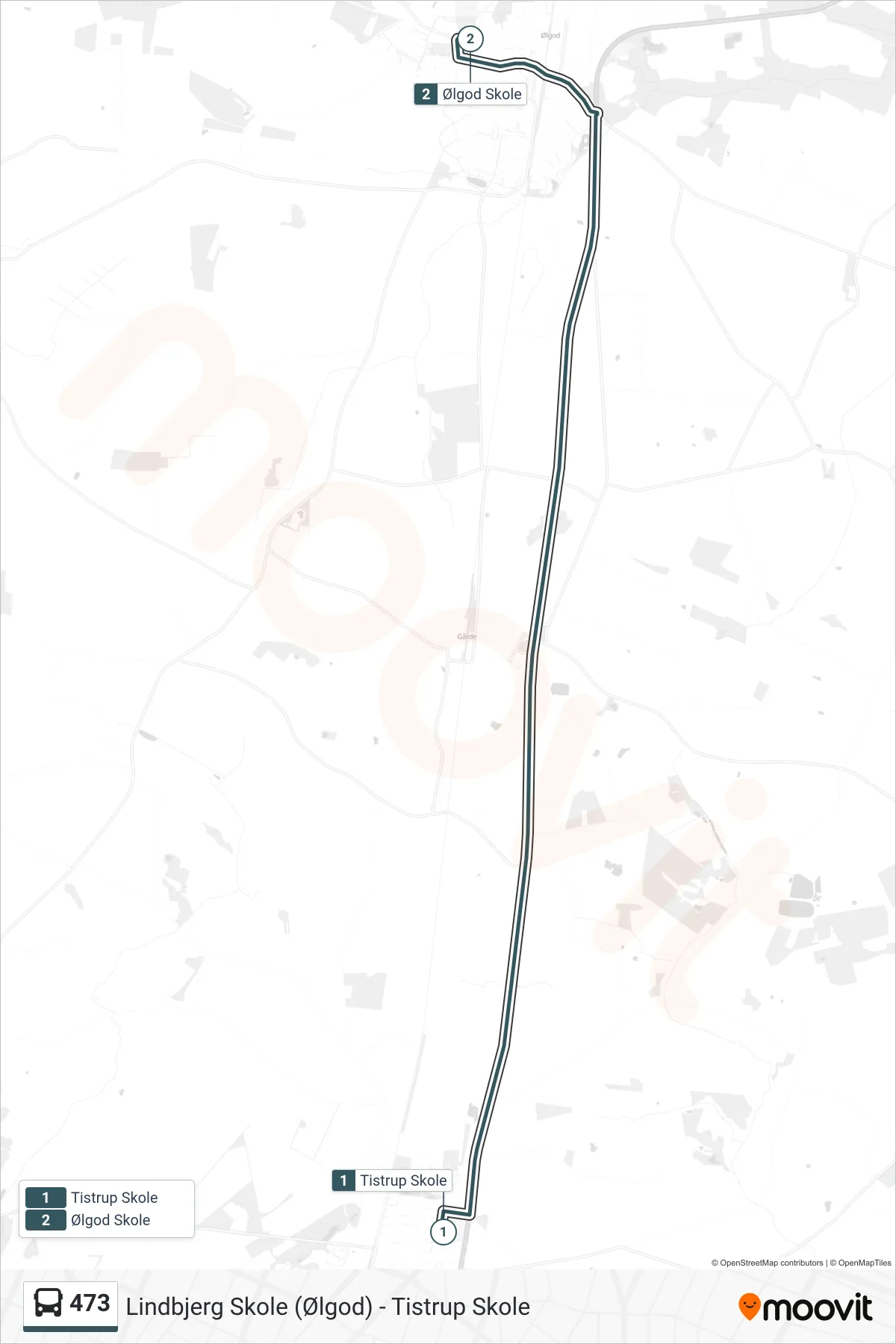 473 bus Linje (Ølgod Skole) rute og stop på et kort