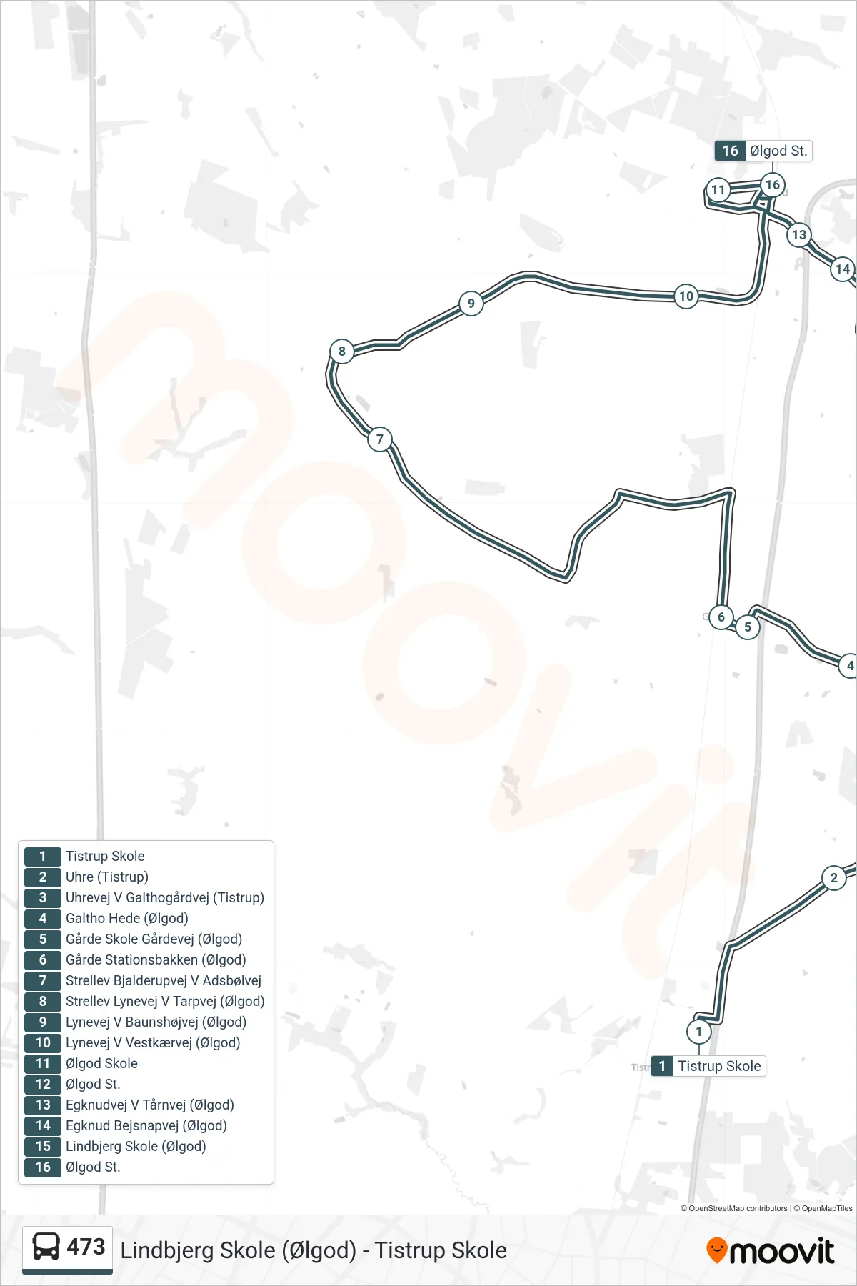 473 bus Linje (Ølgod St. (Bus)) rute og stop på et kort